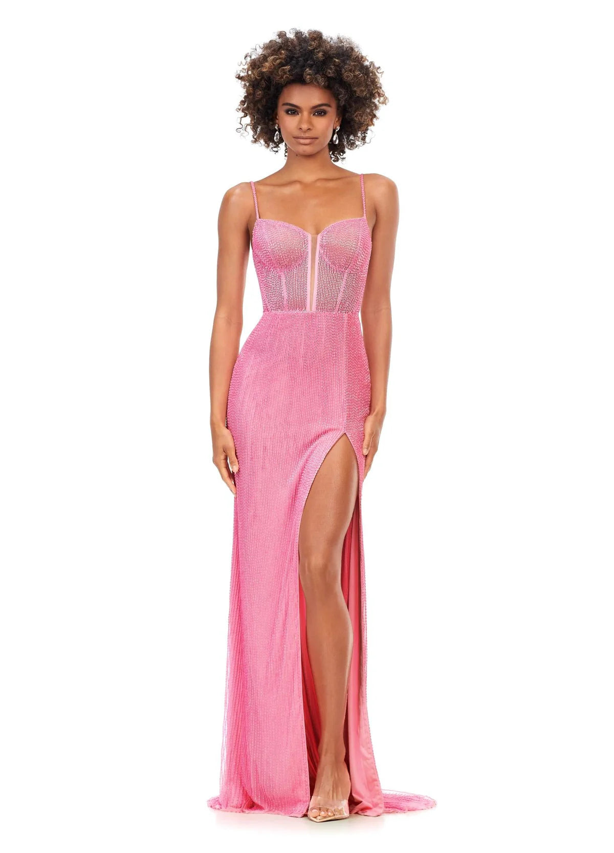 Pink beaded gown with a strapless neckline, illusion plunge, and a thigh-high slit for a glamorous and sophisticated look.