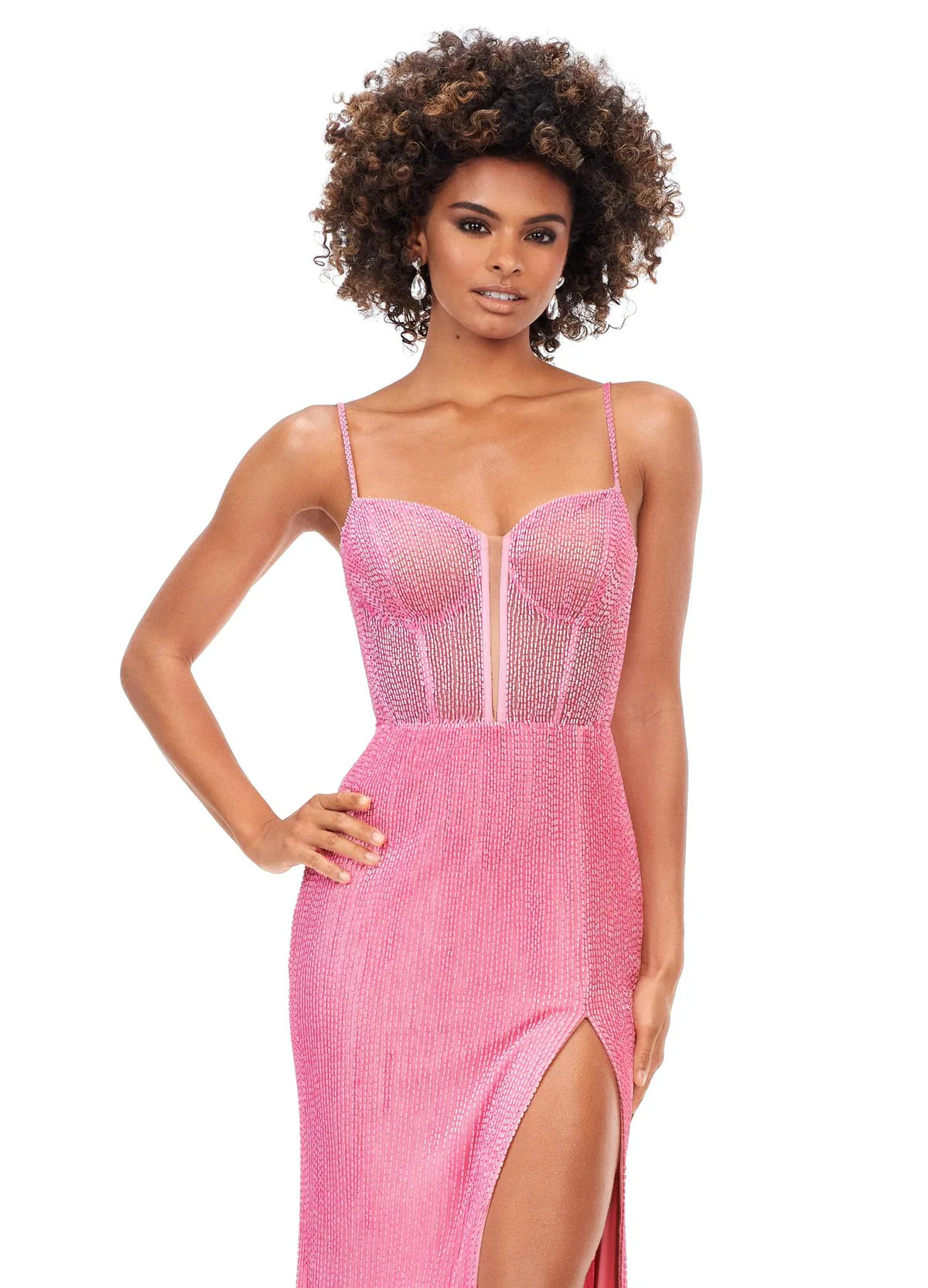 Pink beaded gown with a strapless neckline, illusion plunge, and a thigh-high slit for a glamorous and sophisticated look.