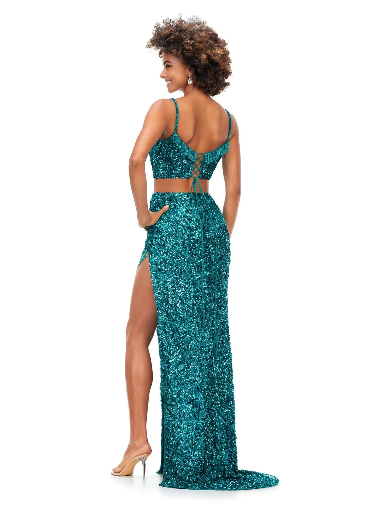 Back View - Aqua Two-Piece Sequin Gown With Spaghetti Strap Crop Top, Sweetheart Neckline, High Slit Skirt, and Fitted Silhouette