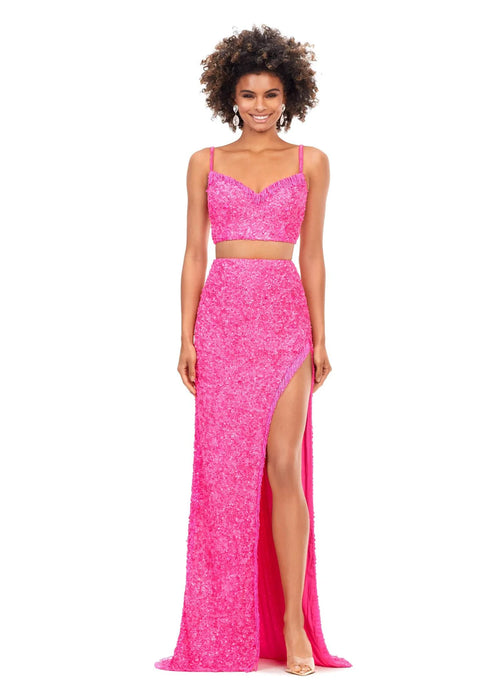 Jasmine Two Piece Gown | Hot-Pink Two-Piece Sequin Gown With Spaghetti Strap Crop Top, Sweetheart Neckline, High Slit Skirt, and Fitted Silhouette