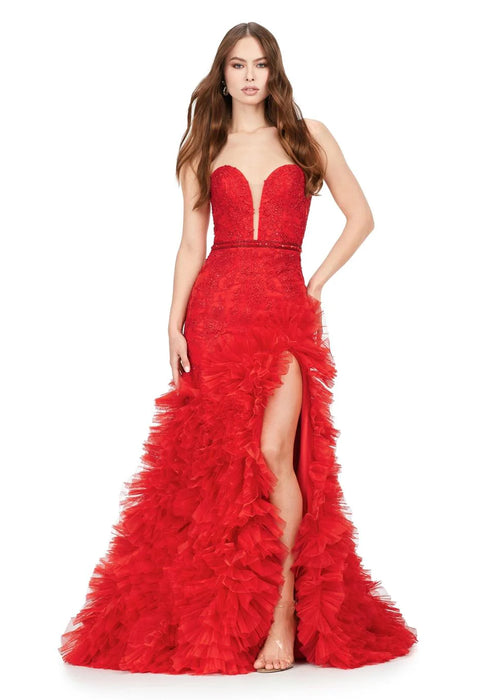 Flame Gown | Red strapless gown featuring a plunging neckline, intricate lace detailing, a daring thigh-high slit, and a dramatic ruffled skirt flowing to the floor for a show stopping entrance.