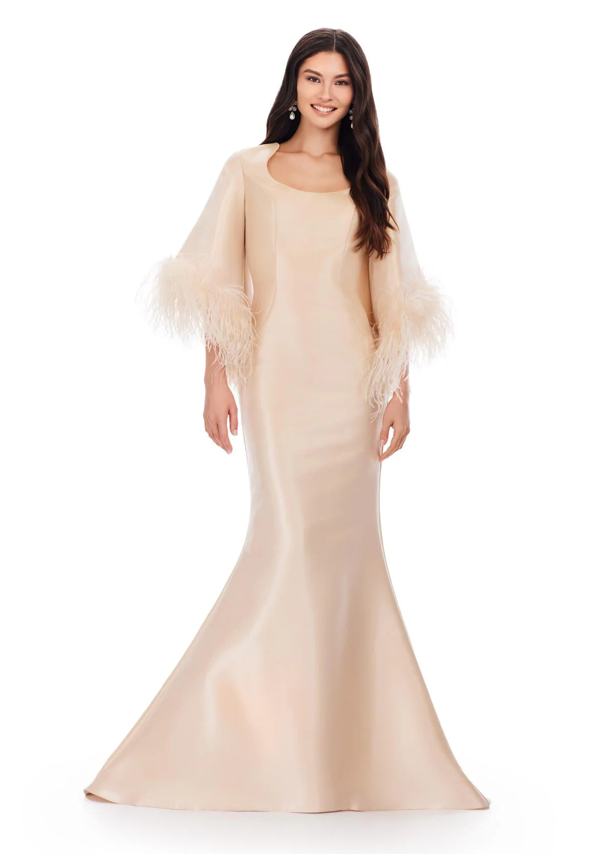 Elegant  ivory satin gown featuring dramatic bell sleeves with feather trim and a classic mermaid silhouette, exuding timeless sophistication and bold glamour.