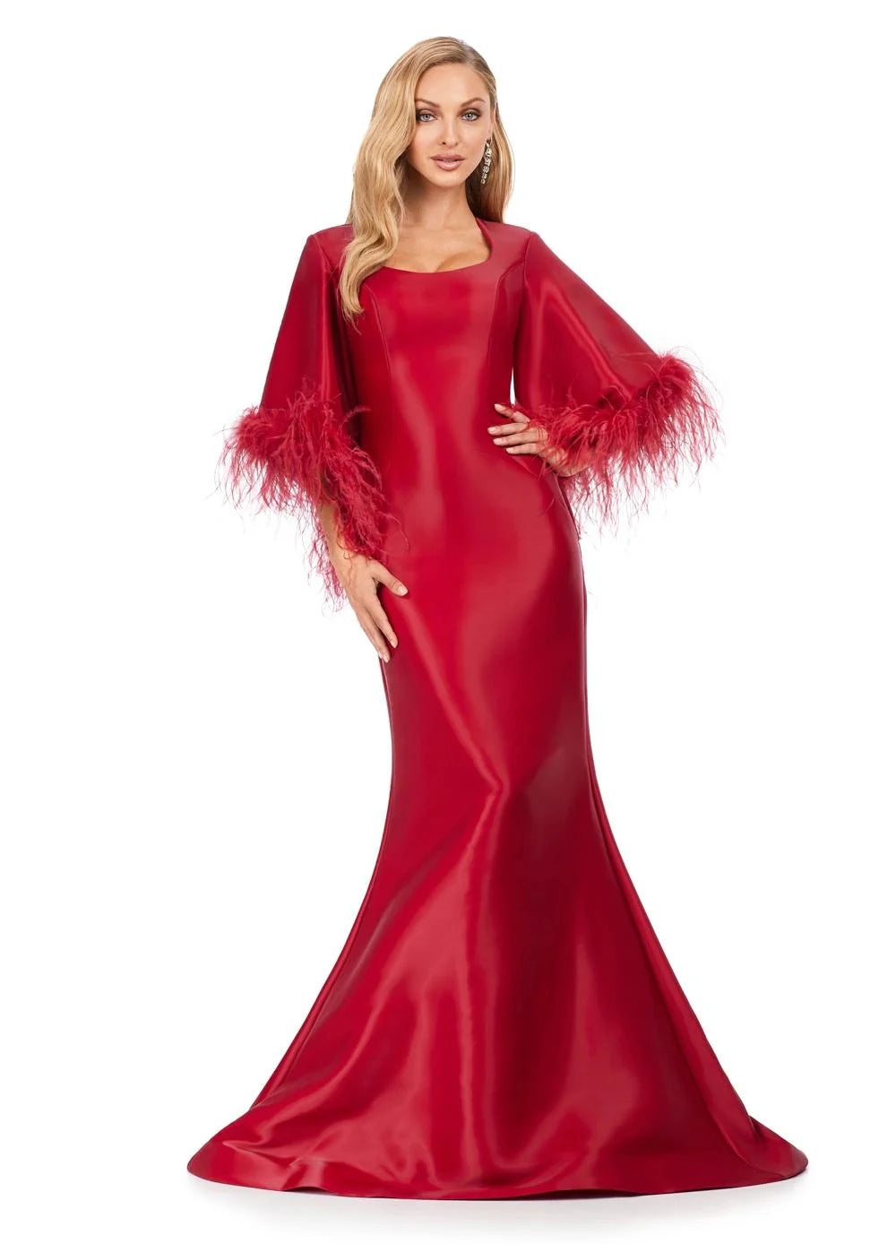 Elegant red satin gown featuring dramatic bell sleeves with feather trim and a classic mermaid silhouette, exuding timeless sophistication and bold glamour.