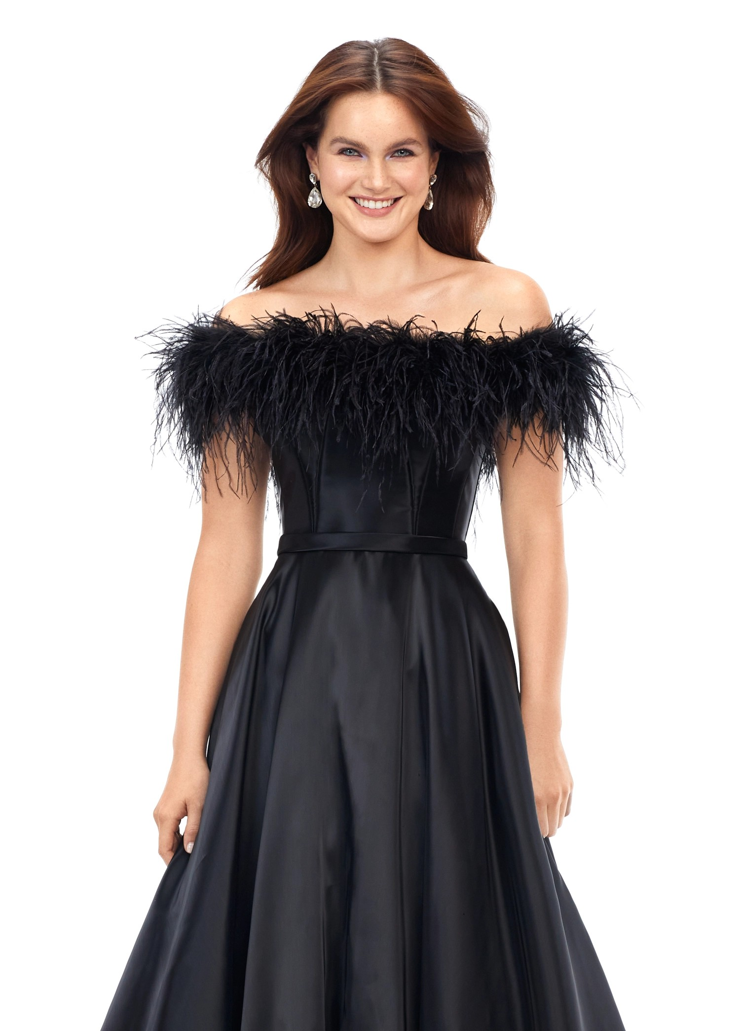 Stunning black ball gown with an off-the-shoulder feathered neckline and a satin full-length skirt, creating an elegant and dramatic silhouette.