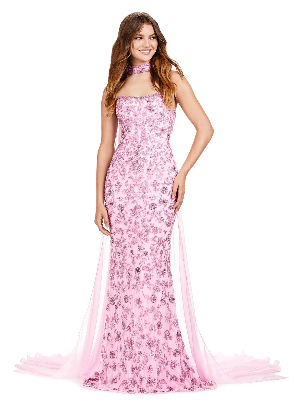 ASHLEYlauren 11404 Soraya Gown – A glamorous strapless sequin gown with a fitted bustier, sequin choker, and flowing chiffon cape for a sophisticated, dazzling look.