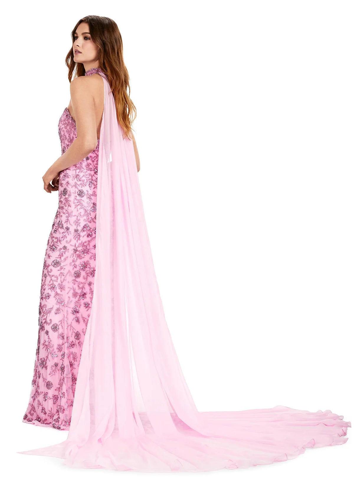 ASHLEYlauren 11404 Soraya Gown – A glamorous strapless sequin gown with a fitted bustier, sequin choker, and flowing chiffon cape for a sophisticated, dazzling look.