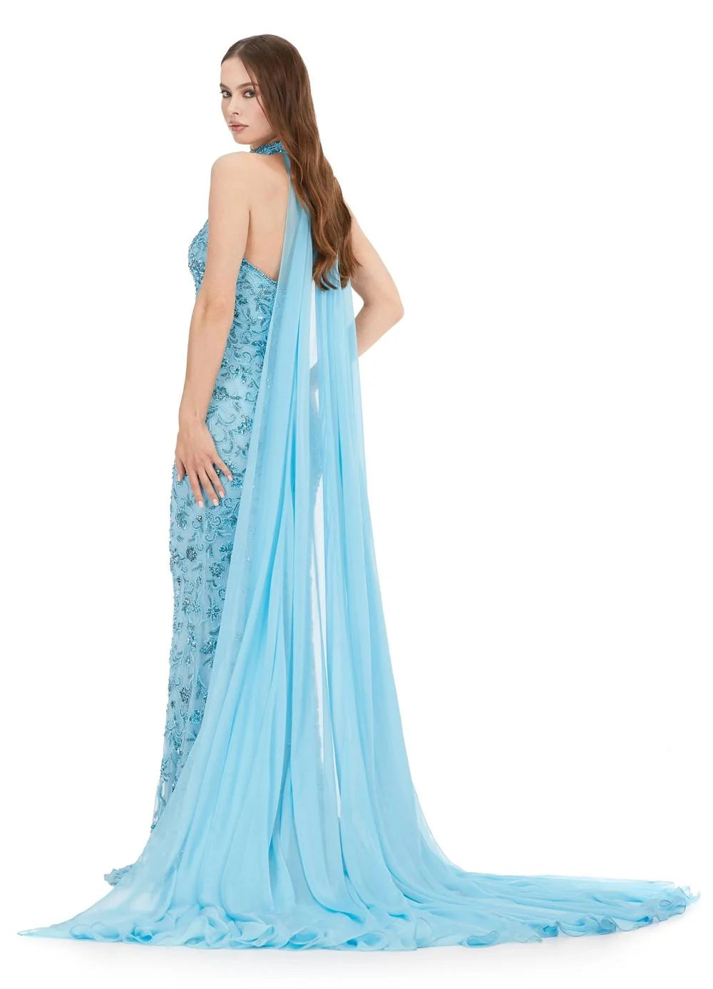 ASHLEYlauren 11404 Soraya Gown.

Fall in love with this breath taking strapless gown that exudes glamour and elegance. The entire dress is adorned in shimmering sequins that catch the light from every angle, ensuring you make a dazzling entrance. 

The fitted strapless bustier enhances the silhouette, providing a timeless and flattering shape.

Adding a touch of drama, the look is elevated with a matching sequin choker that brings extra sparkle and a chiffon cape that gracefully flows with every movement.