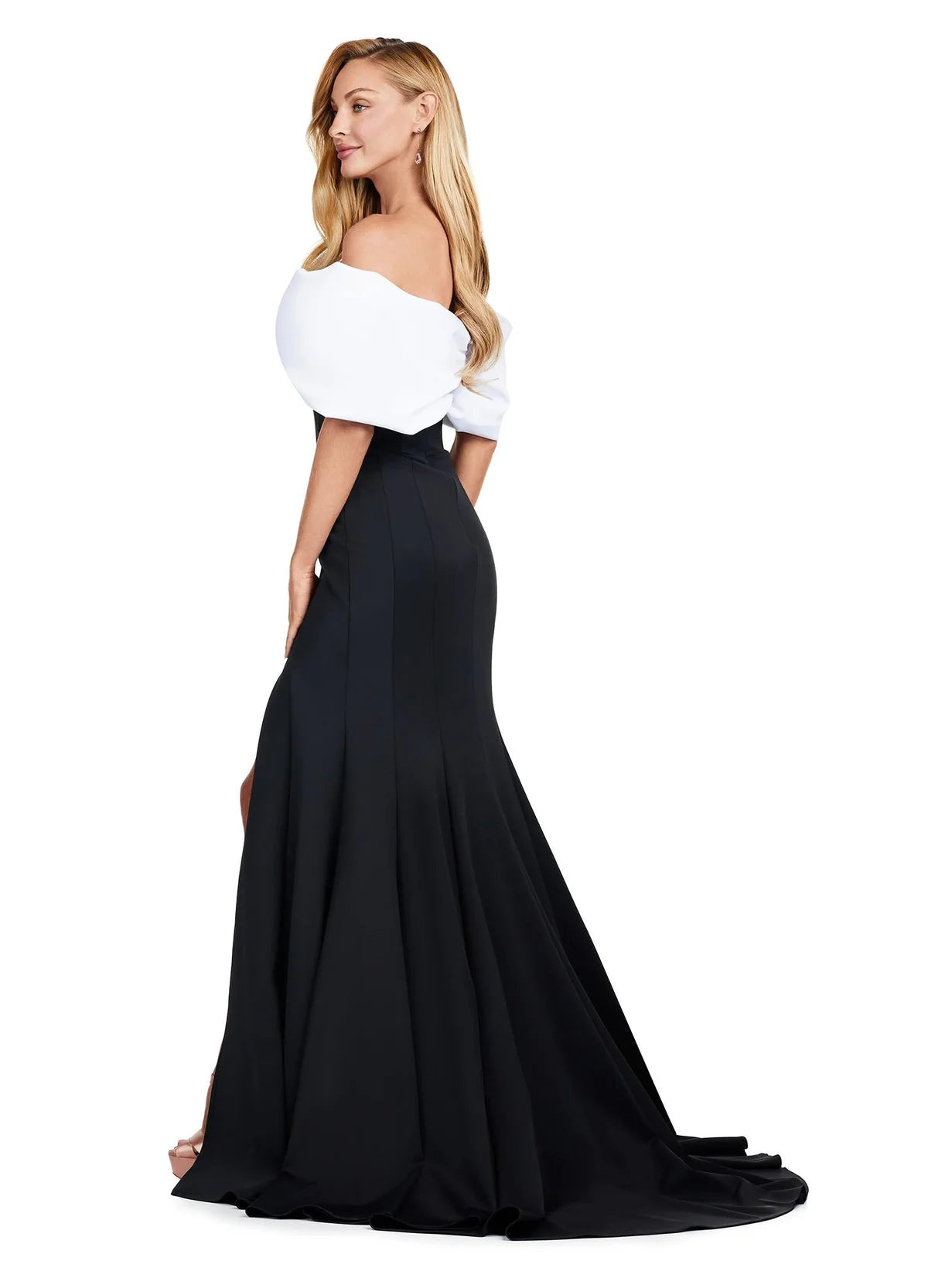 Back View - Black Off-Shoulder Gown With White Oversized Bow Detail And Thigh Slit