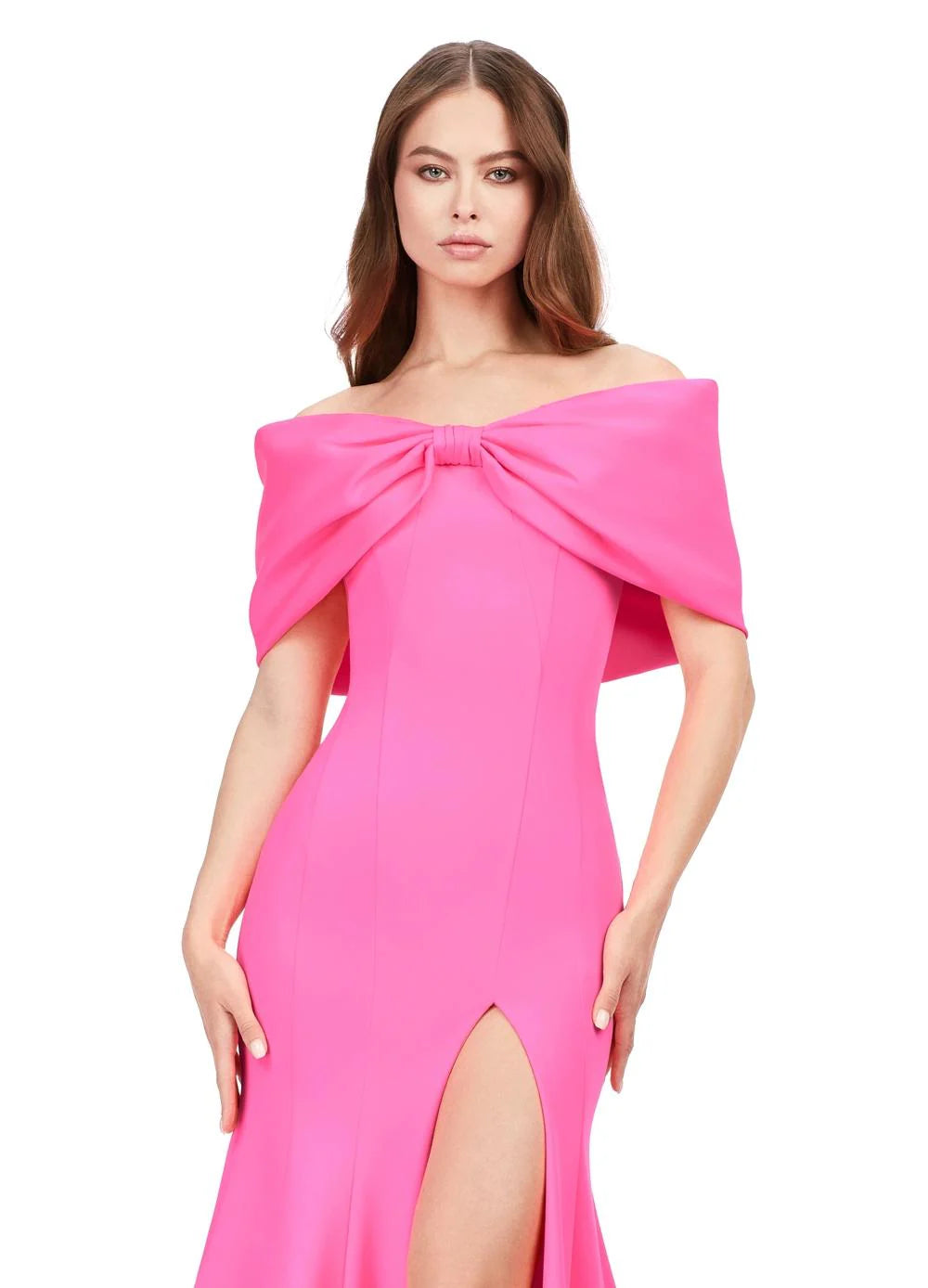 Pink Off-Shoulder Gown With Oversized Bow Detail And Thigh Slit