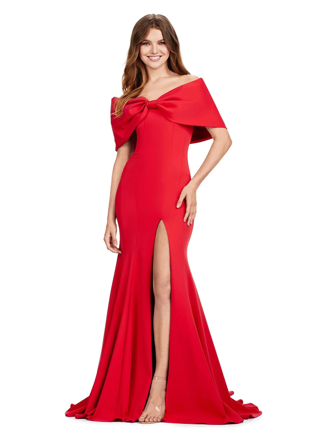 Red Off-Shoulder Gown With Oversized Bow Detail And Thigh Slit