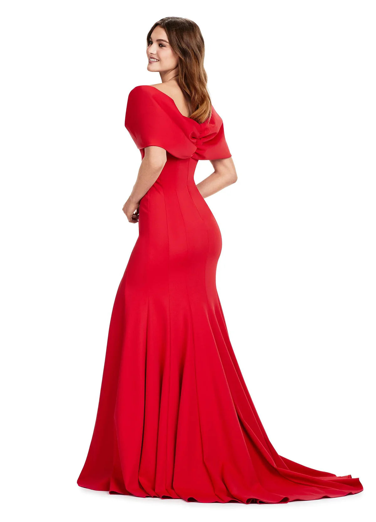 Back View - Red Off-Shoulder Gown With Oversized Bow Detail And Thigh Slit