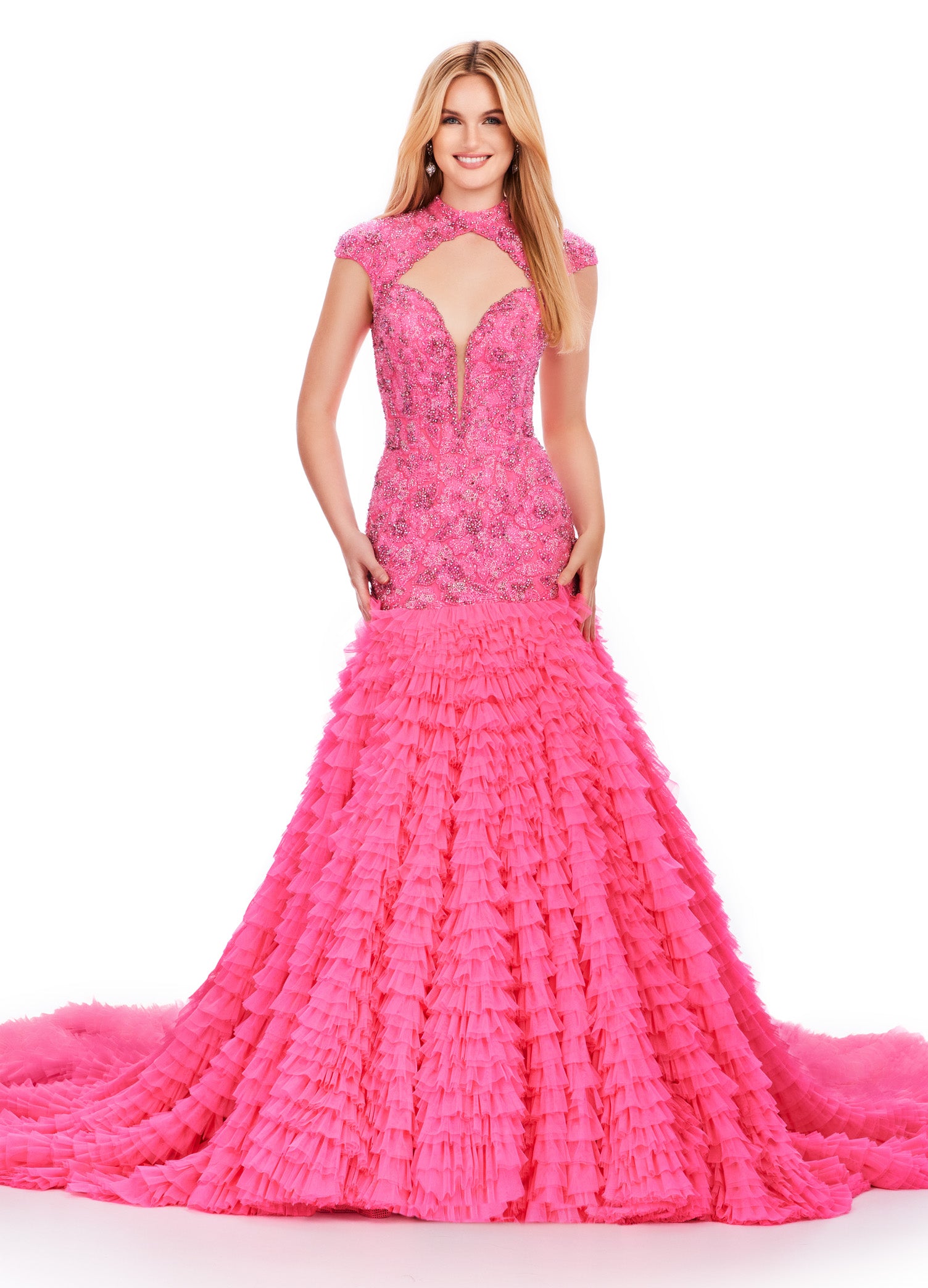 ASHLEYlauren_11428 Pink Embellished Lace Bodice Gown with Tiered White Skirt – Luxury Bridal or Evening Wear