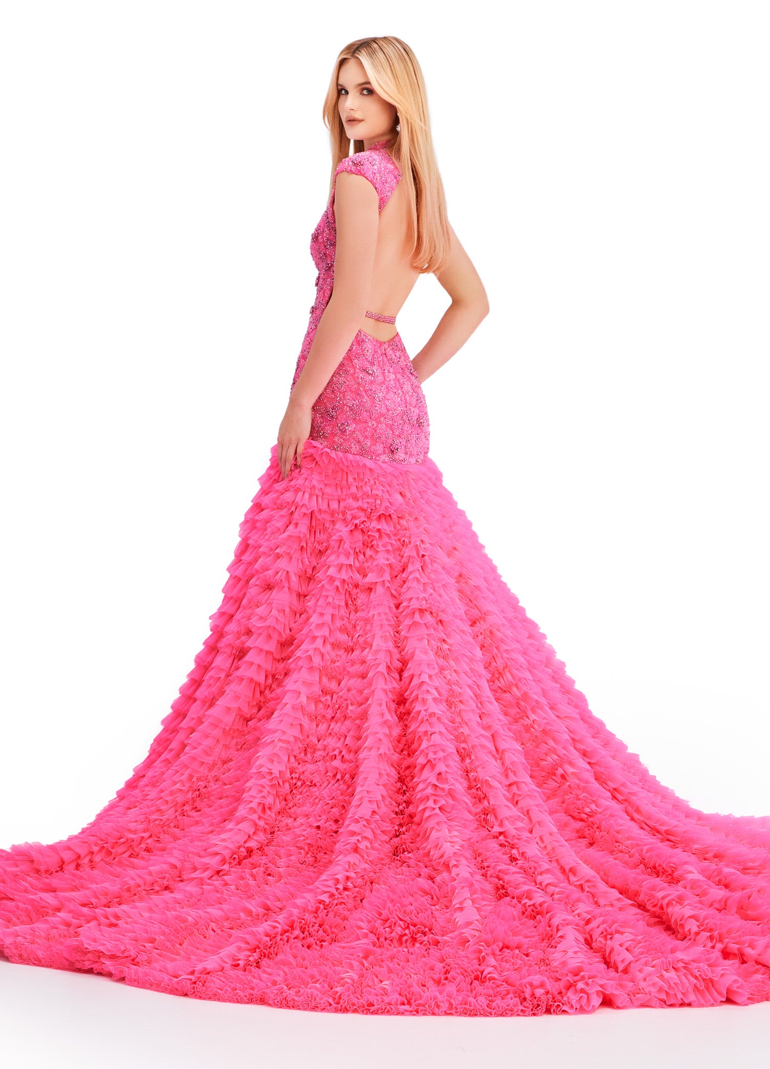 ASHLEYlauren_11428 Pink Embellished Lace Bodice Gown with Tiered White Skirt – Luxury Bridal or Evening Wear