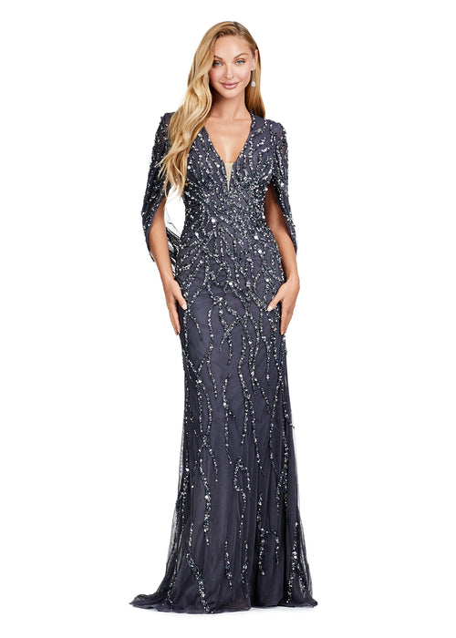 Catalina Gown | Charcoal fully beaded gown featuring intricate shimmering beadwork, flowing cape sleeves and a flattering V neckline, perfect for galas and high profile events
