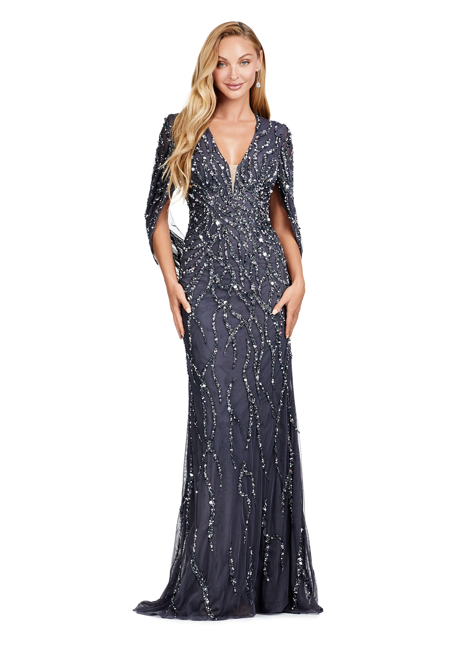 ASHLEYlauren_11430 Graceful floor-length charcoal gown with a deep V-neckline and flowing cape sleeves, adorned with intricate beadwork and shimmering embellishments, perfect for an elegant evening affair.