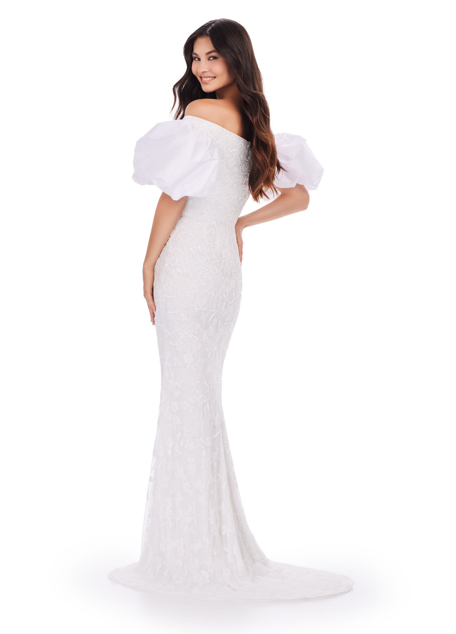 Elegant off-the-shoulder white evening gown with dramatic puff sleeves and delicate green floral embellishments, creating a sophisticated and timeless look.