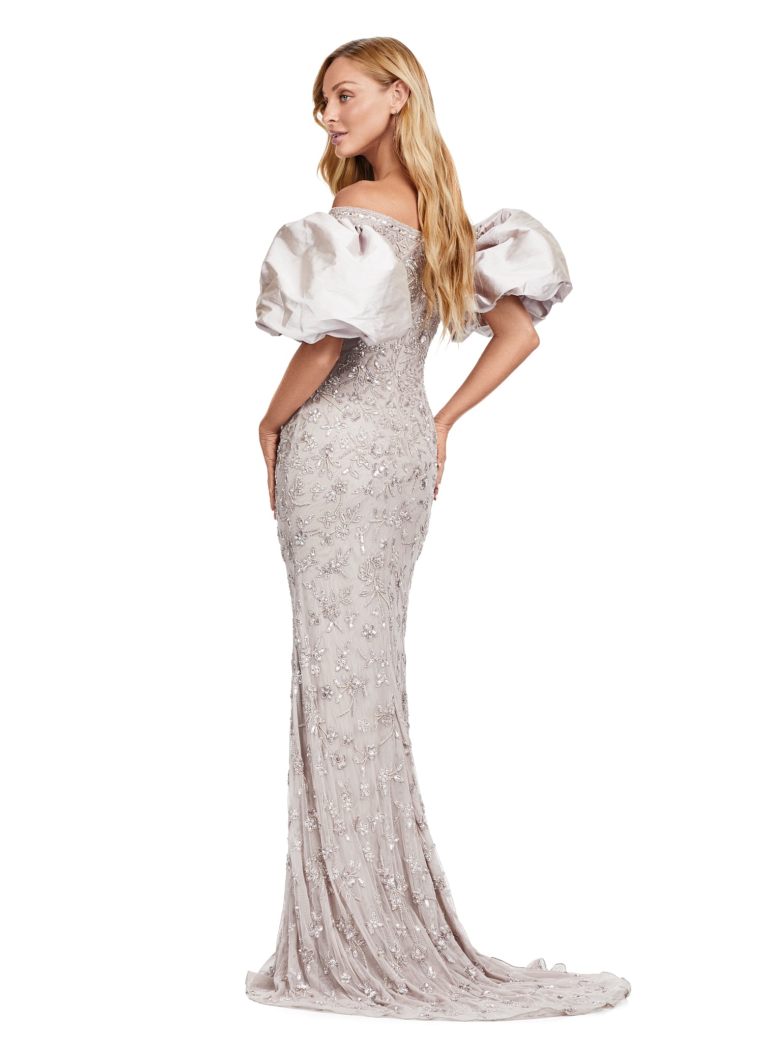 ASHLEYlauren_11432 Elegant off-the-shoulder grey evening gown with dramatic puff sleeves and delicate green floral embellishments, creating a sophisticated and timeless look.