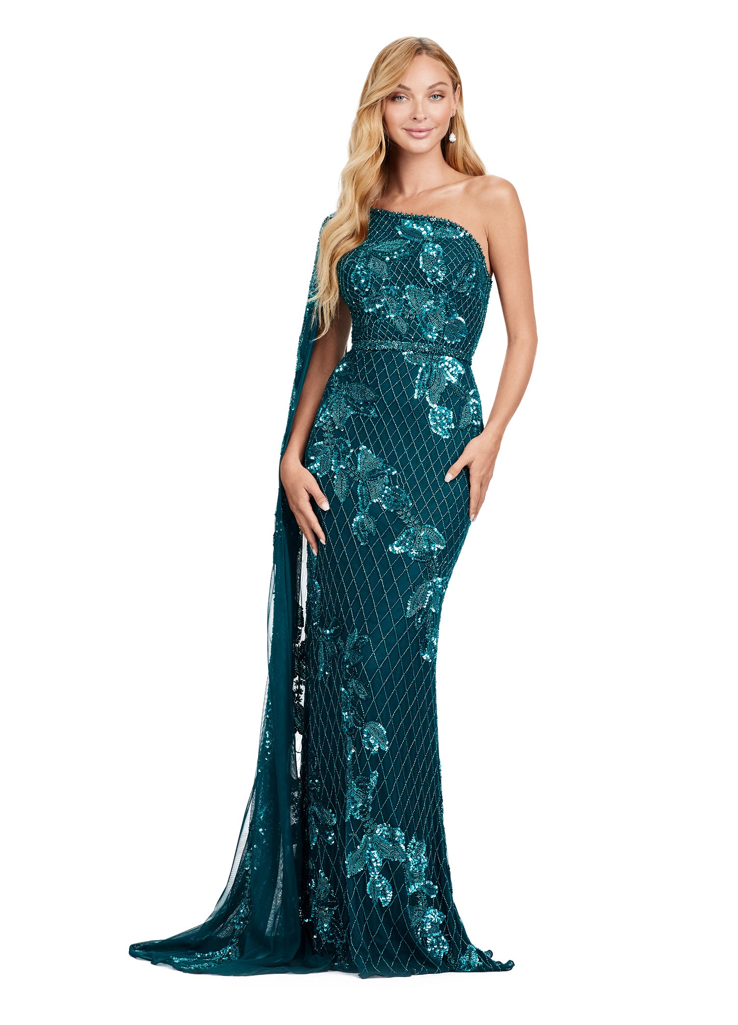 ASHLEYlauren_11434 One-shoulder teal gown adorned with intricate floral sequin embroidery, a fitted silhouette, a dramatic floor-length cape detail, and a patterned design.