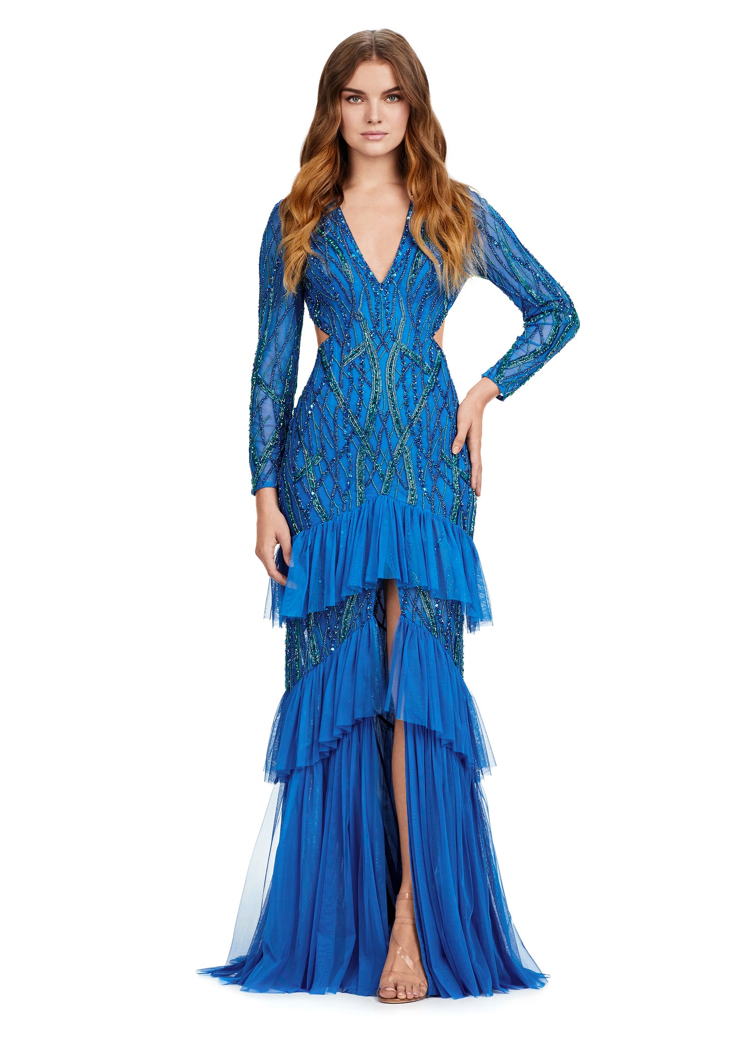 ASHLEYlauren_11436 Teal Long-Sleeve Beaded Evening Gown with Ruffled Skirt and Thigh-High Slit – Elegant Formal Wear