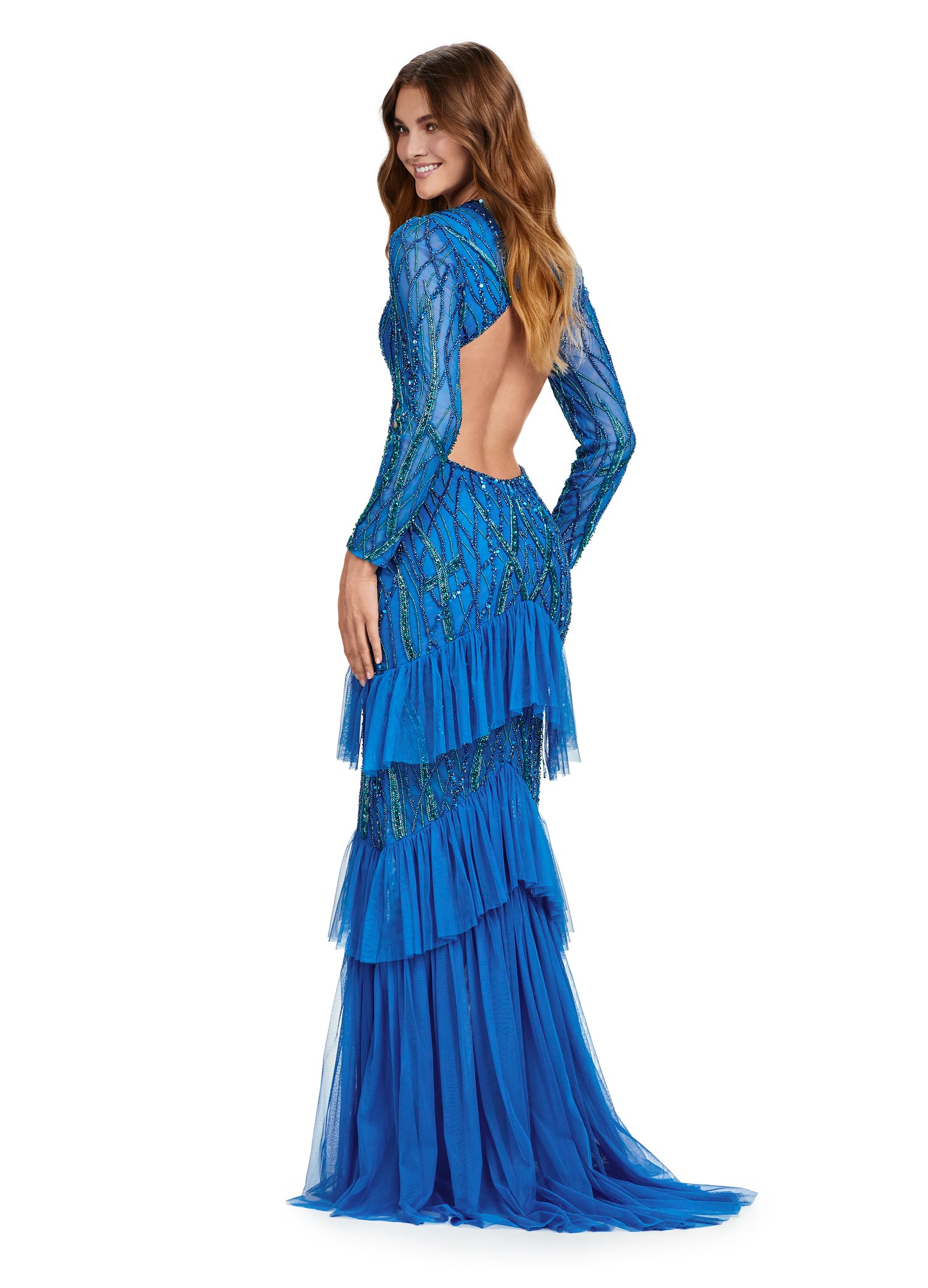 ASHLEYlauren_11436 Teal Long-Sleeve Beaded Evening Gown with Ruffled Skirt and Thigh-High Slit – Elegant Formal Wear
