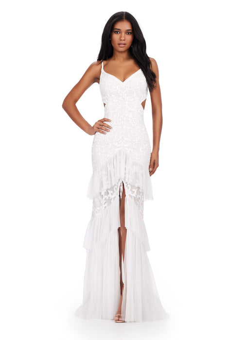 Sloane Gown | Ivory beaded evening gown with dramatic cut out bodice, open back, ruffle accents and a flowing floor length silhouette.