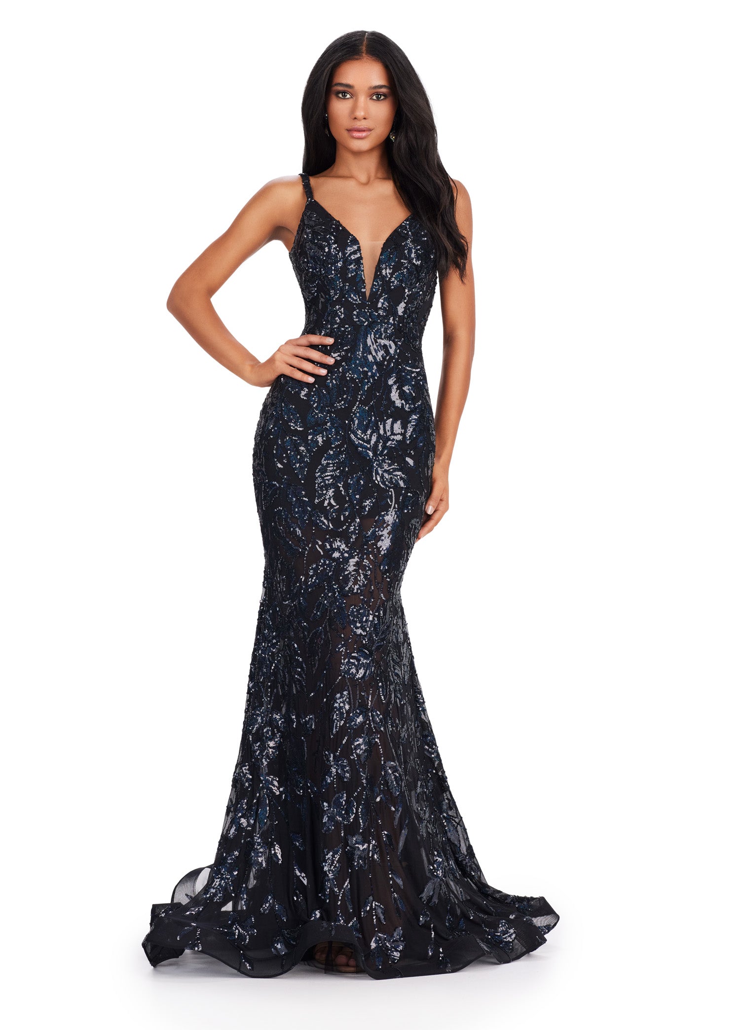 ASHLEYlauren_11444 Front view of a black evening gown adorned with shimmering sequin detailing and a plunging V-neckline, featuring a fitted silhouette that flares into a mermaid-style skirt.
