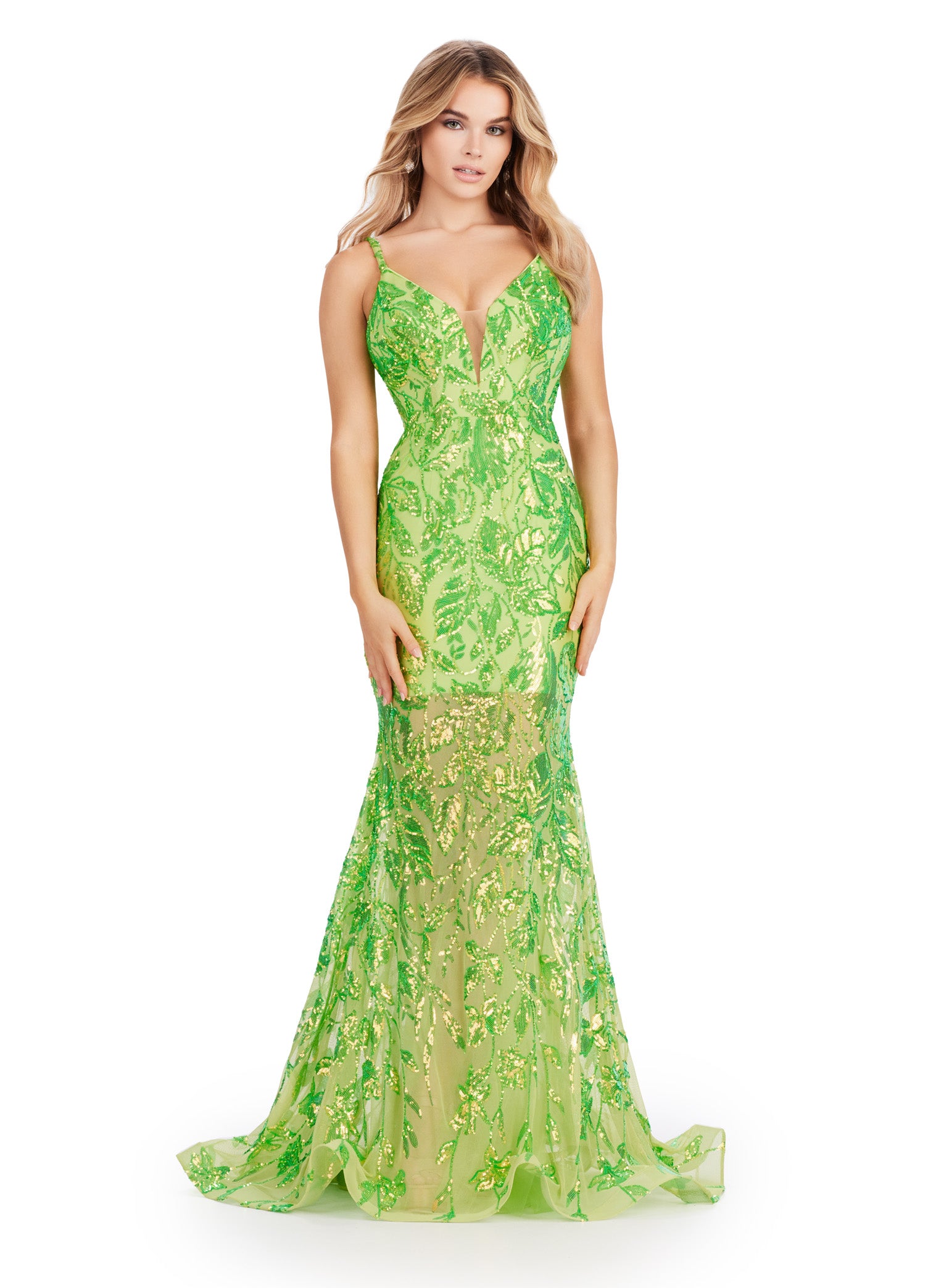 ASHLEYlauren_11444 Neon green evening gown adorned with shimmering sequin detailing and a plunging V-neckline, featuring a fitted silhouette that flares into a mermaid-style skirt.