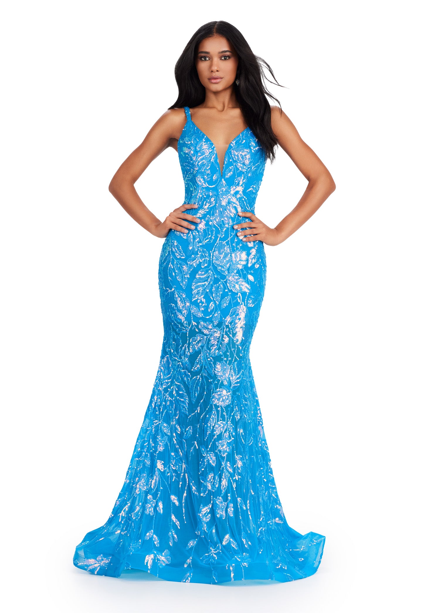 ASHLEYlauren_11444 Blue evening gown adorned with shimmering sequin detailing and a plunging V-neckline, featuring a fitted silhouette that flares into a mermaid-style skirt.