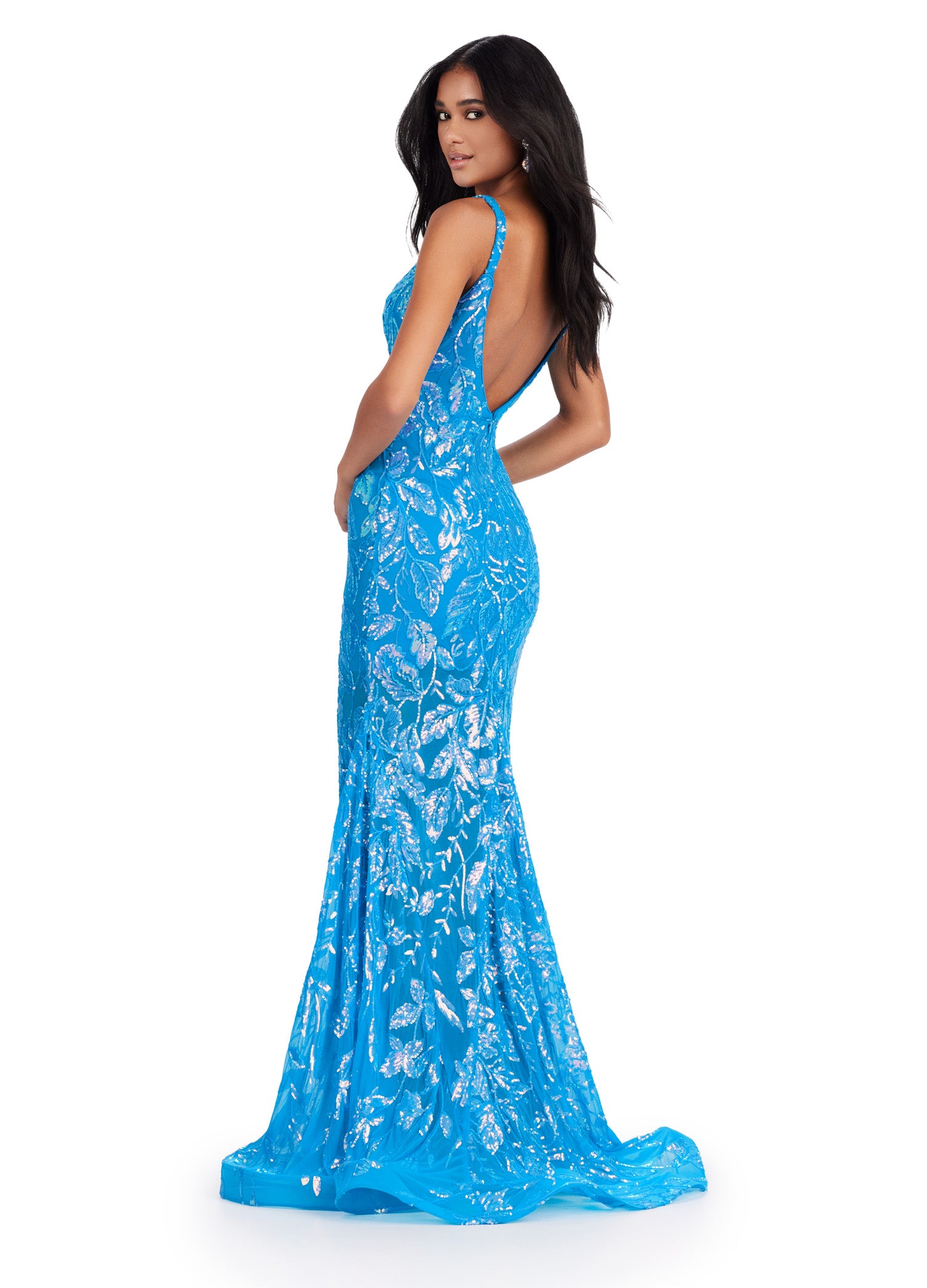 ASHLEYlauren_11444 Blue evening gown adorned with shimmering sequin detailing and a plunging V-neckline, featuring a fitted silhouette that flares into a mermaid-style skirt.