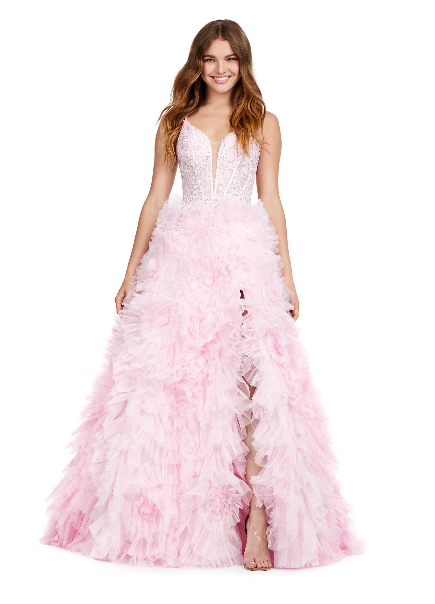 ASHLEYlauren_11446 Elegant pink evening gown with a plunging neckline, lace bodice, and a dramatic tiered ruffle skirt with a high slit.