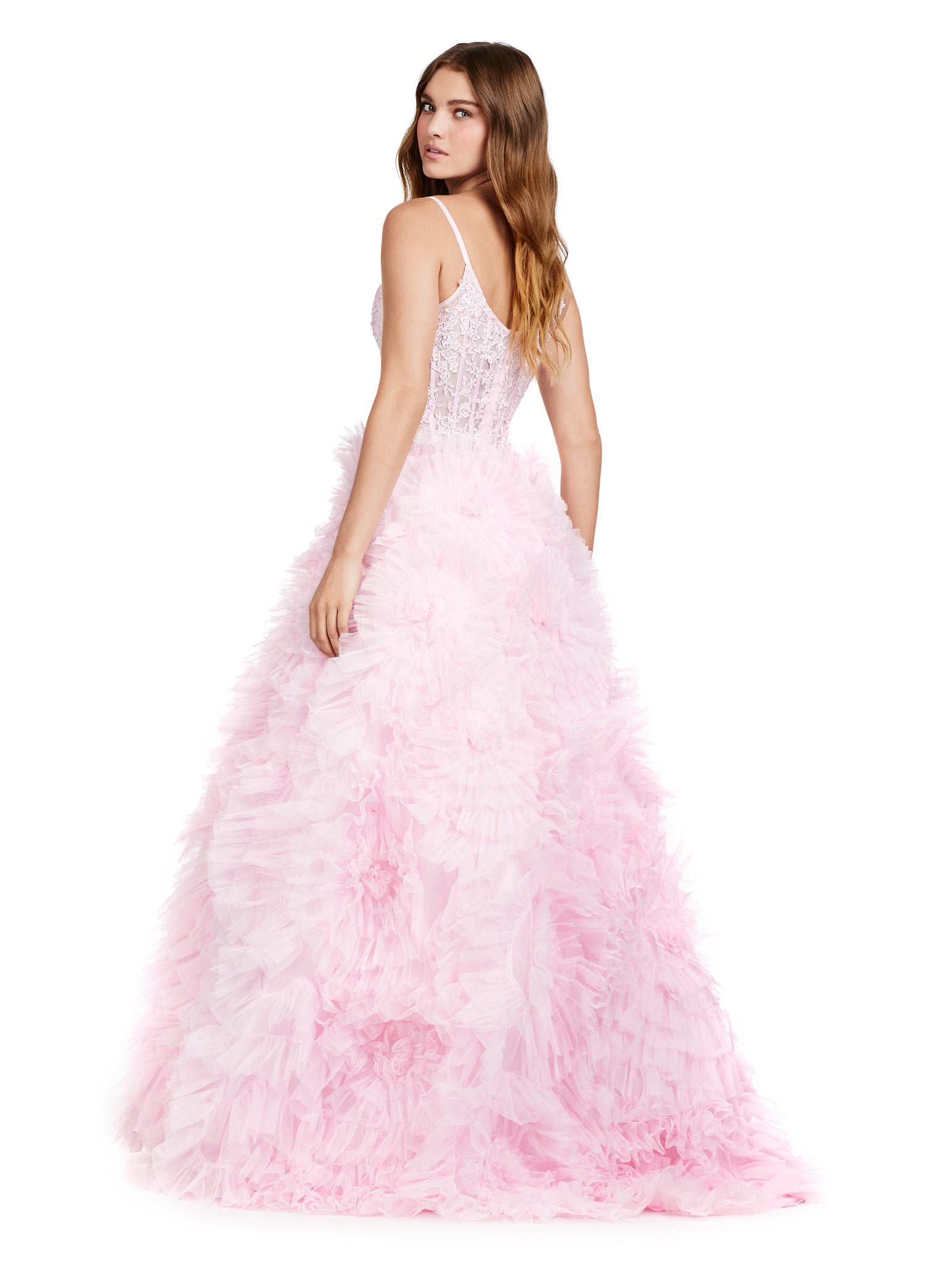 ASHLEYlauren_11446 Elegant pink evening gown with a plunging neckline, lace bodice, and a dramatic tiered ruffle skirt with a high slit.