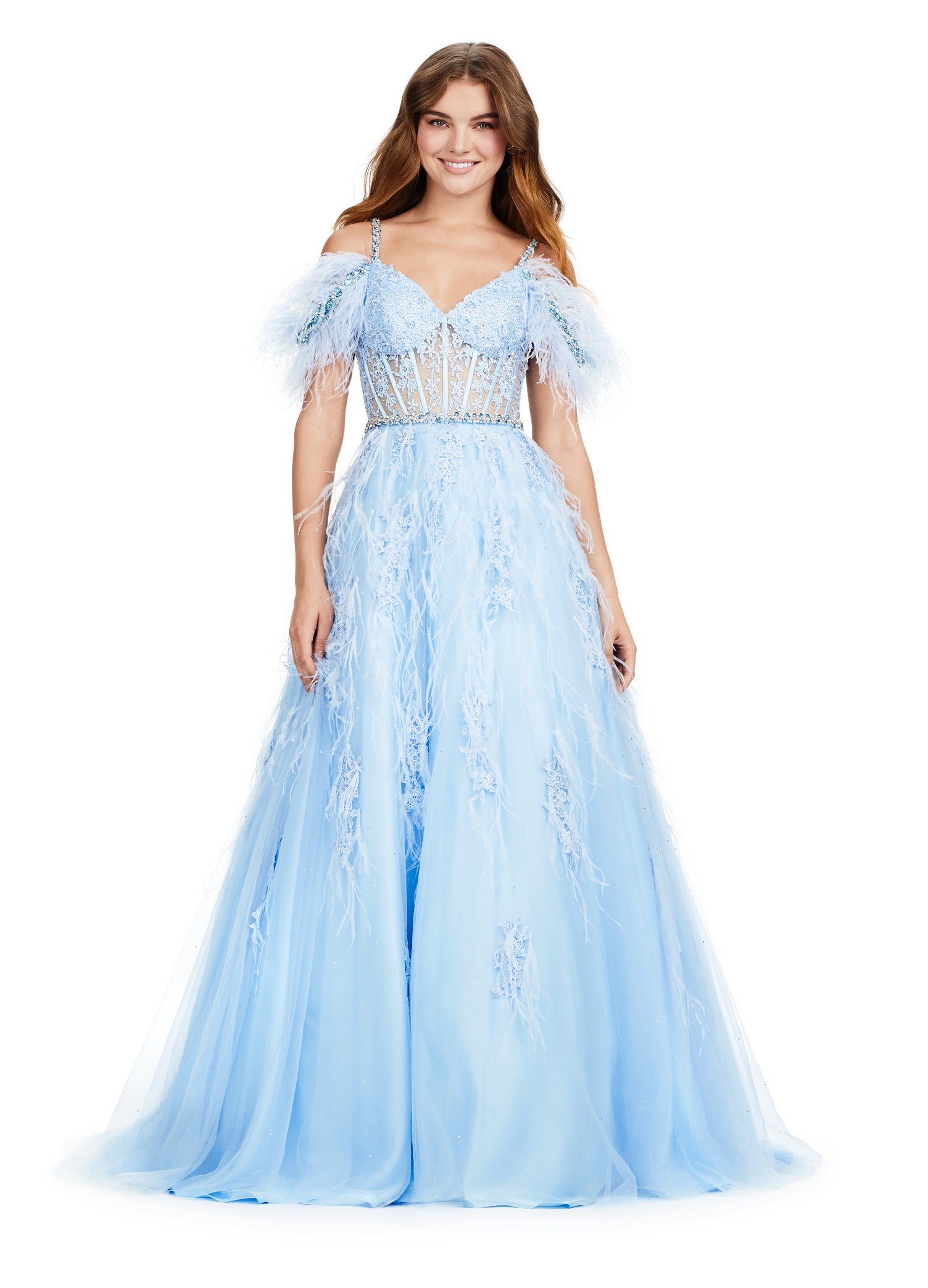 ASHLEYlauren_11447_ Stunning blue ball gown adorned with delicate feather detailing and floral appliqué, featuring a fitted bodice with off-the-shoulder sleeves and a full tulle skirt