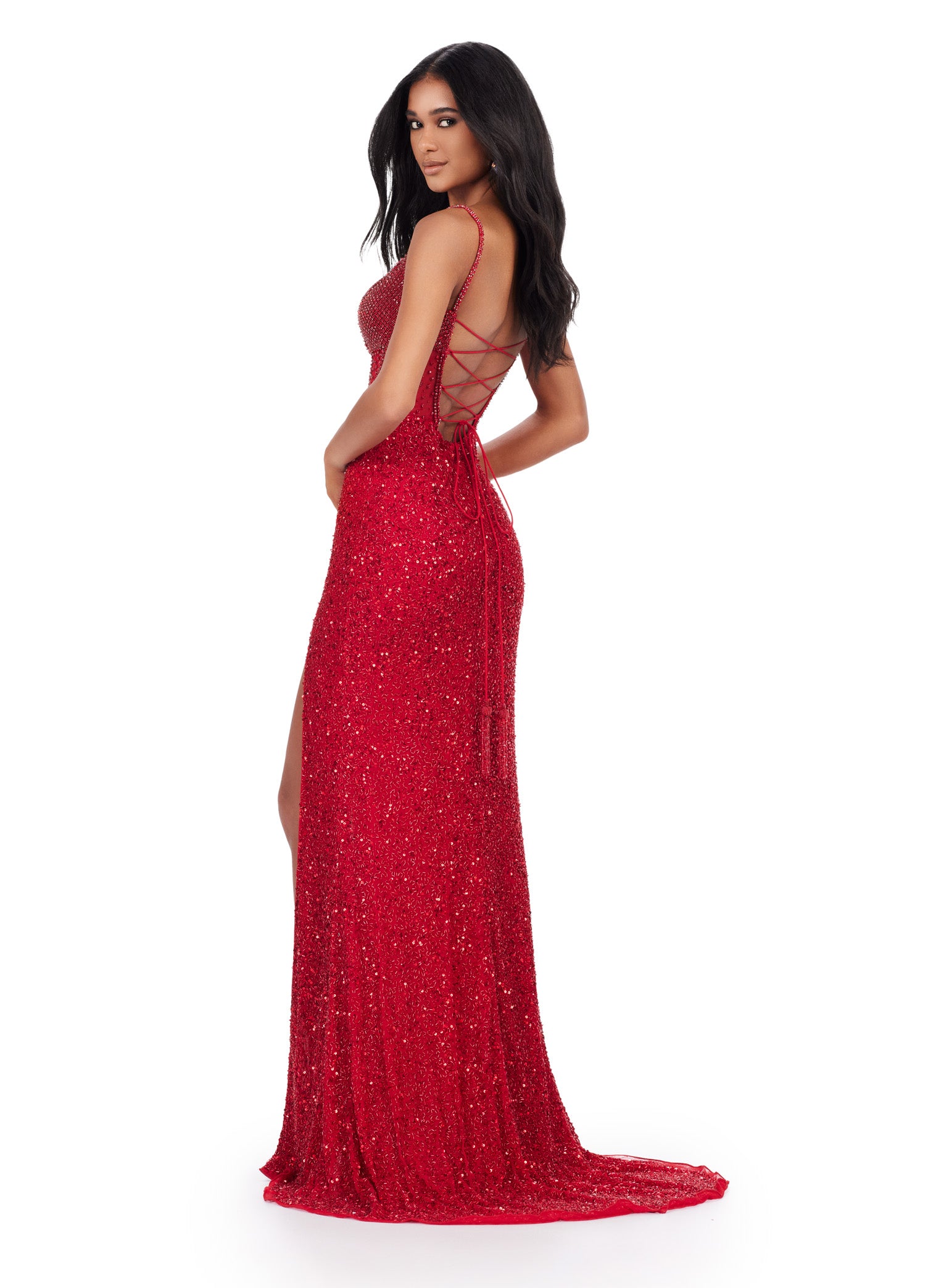 ASHLEYlauren_11448 Red gown with Red sequin bodice and a thigh-high slit and cross back perfect for luxury evening events and red carpet occasions