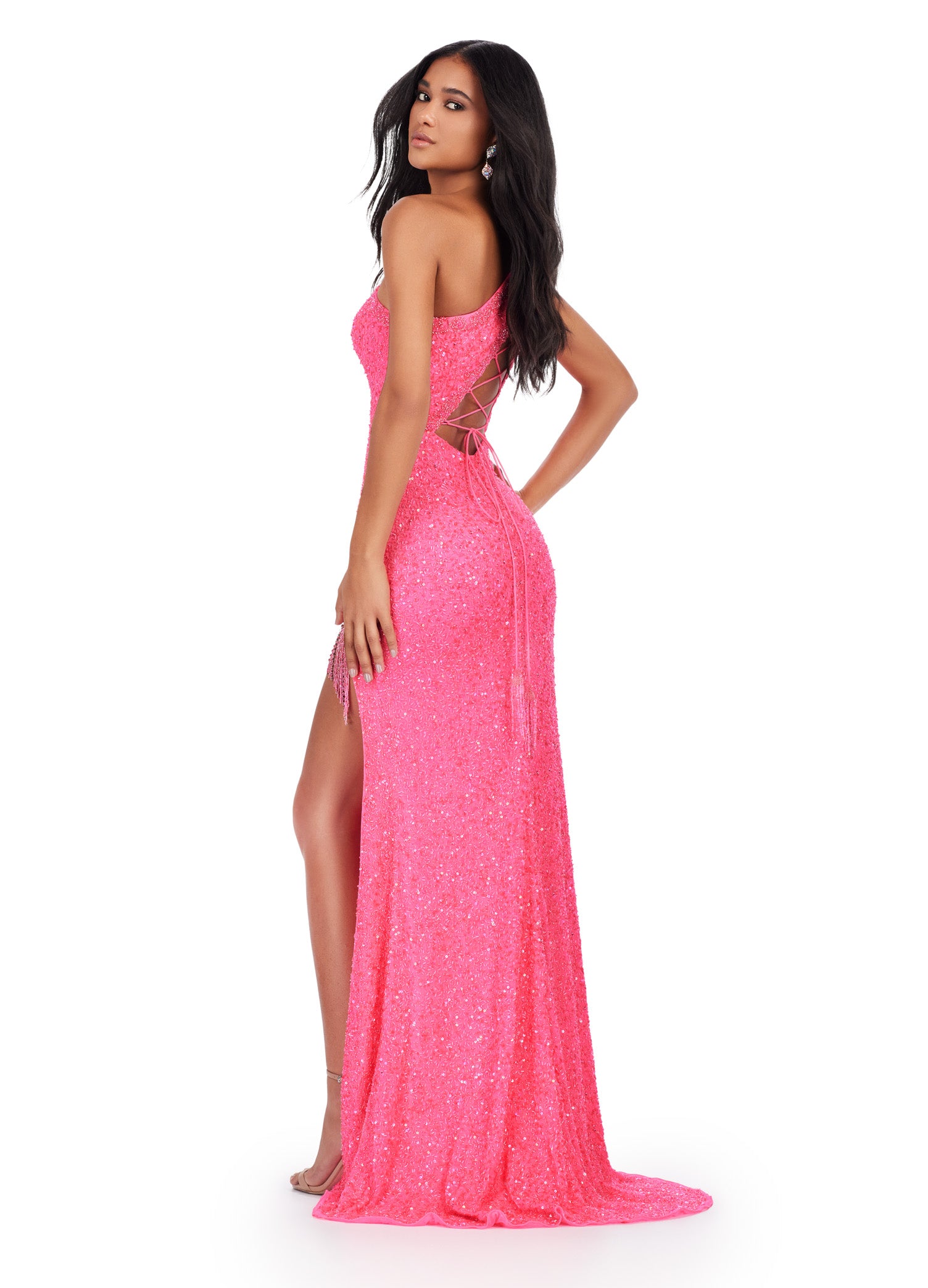 ASHLEYlauren_11449 Pink One-Shoulder Beaded Evening Gown with Tassled Thigh-High Slit & Cross Back Detail – Glamorous Formal Wear