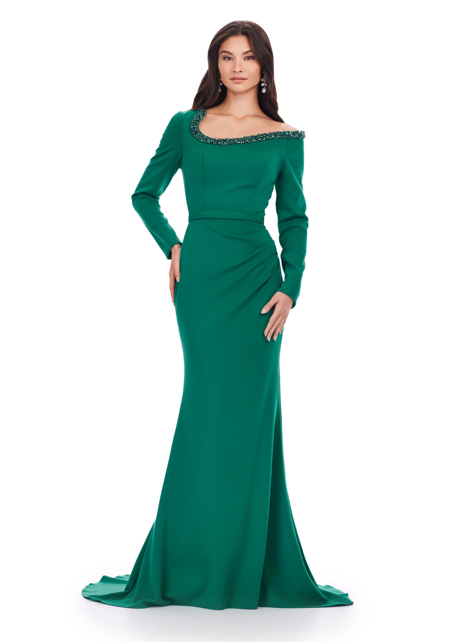 ASHLEYlauren_11450 Emerald Green Long-Sleeve Evening Gown with Embellished Off-Shoulder Neckline – Elegant Formal Wear