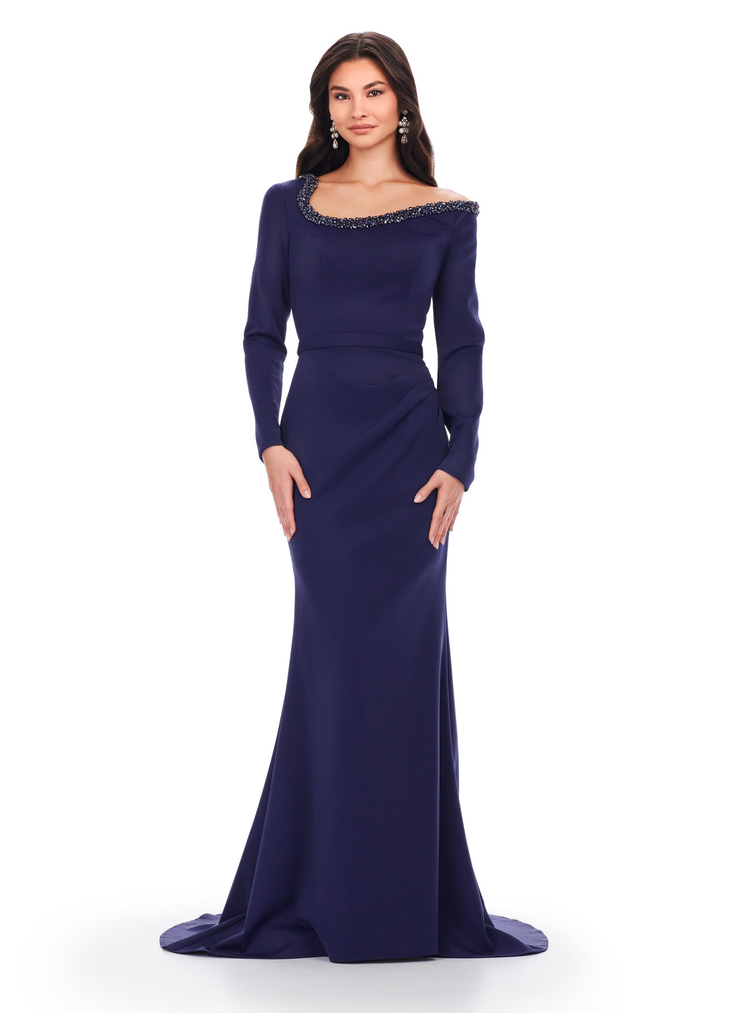 ASHLEYlauren_11450 Navy Long-Sleeve Evening Gown with Embellished Off-Shoulder Neckline – Elegant Formal Wear