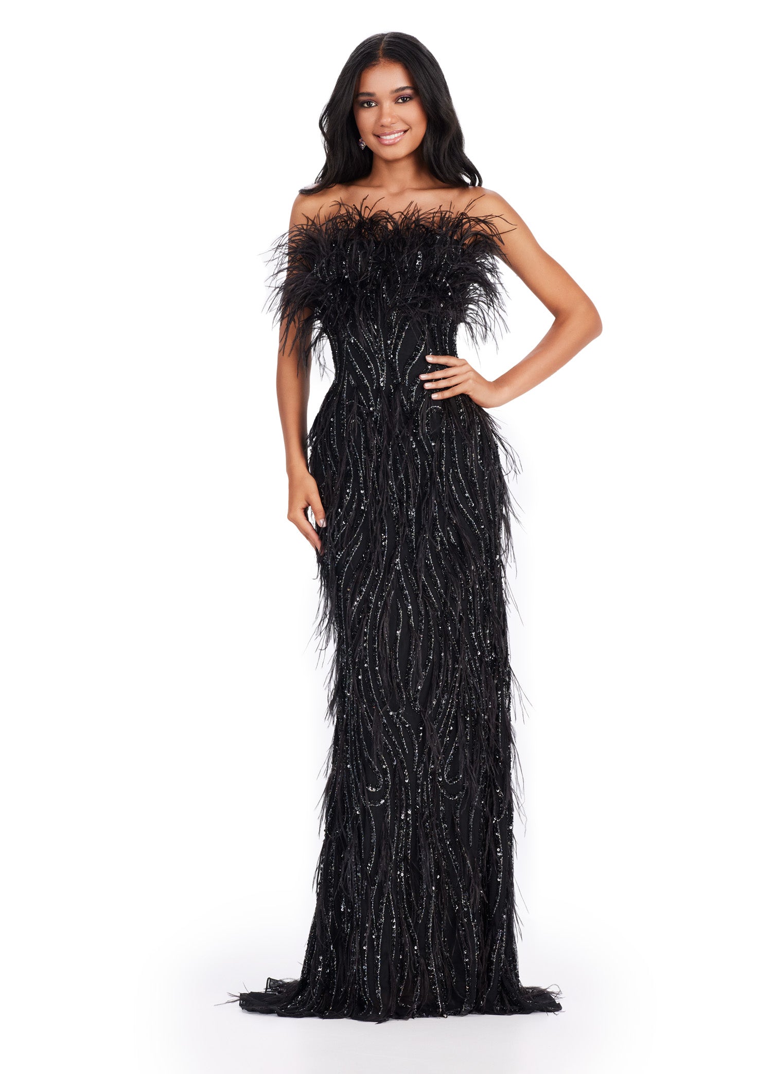 ASHLEYlauren_11453 Black strapless gown with white feather embellishments, sparkling beadwork, and a fitted silhouette that flows into a floor-length design.
