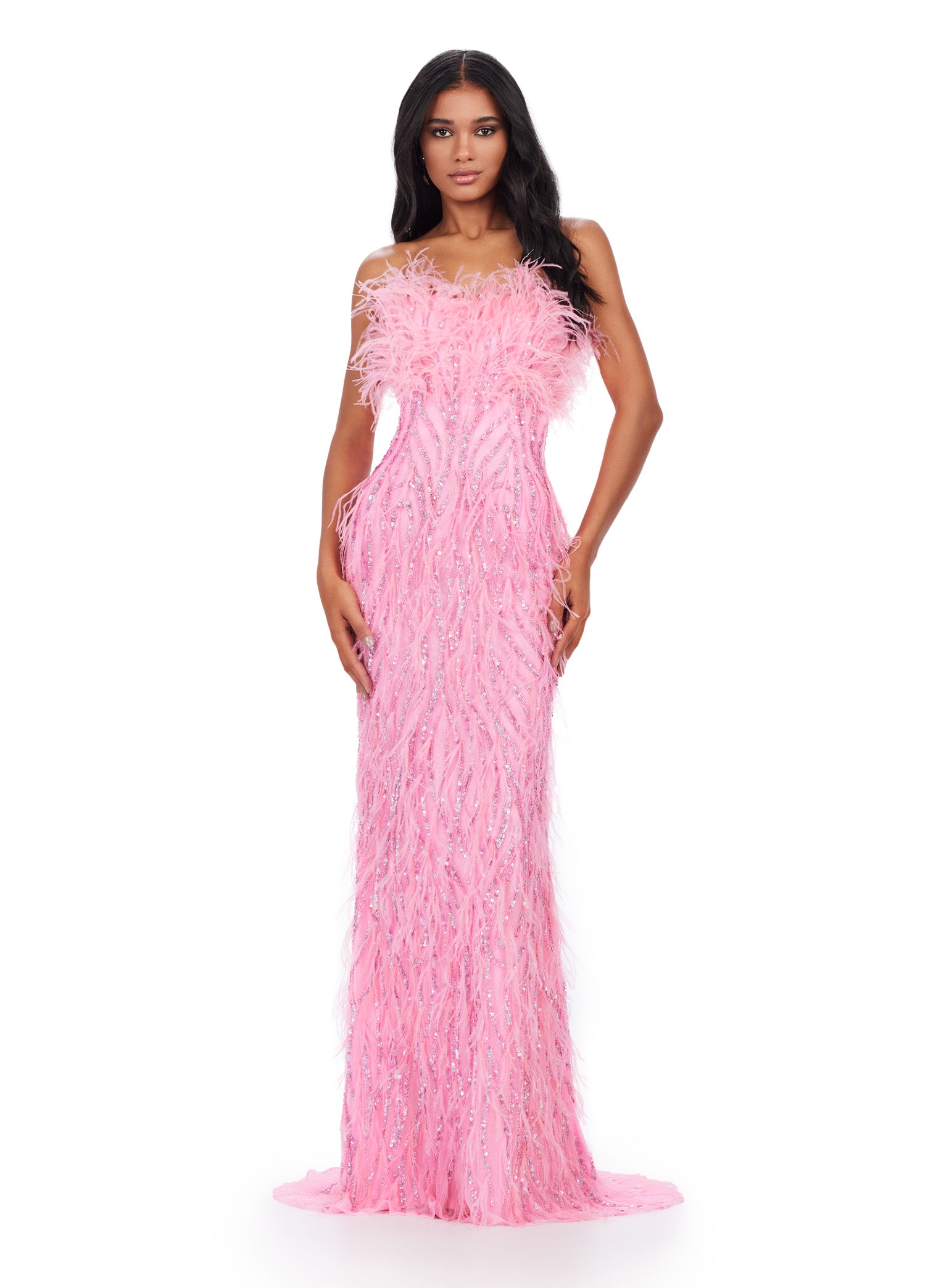 ASHLEYlauren_11453 Pink strapless gown with white feather embellishments, sparkling beadwork, and a fitted silhouette that flows into a floor-length design.