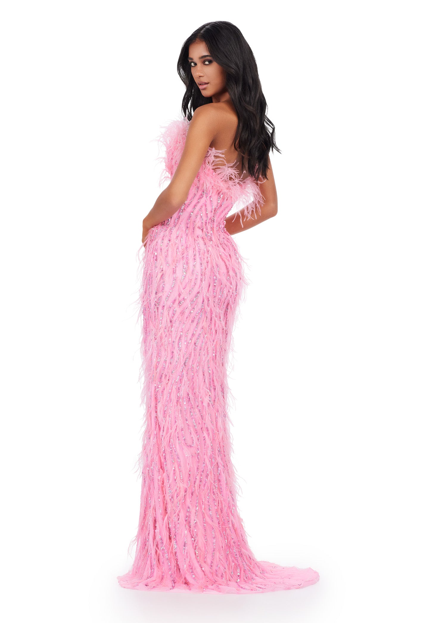 Back View - ASHLEYlauren_11453 Pink strapless gown with white feather embellishments, sparkling beadwork, and a fitted silhouette that flows into a floor-length design.