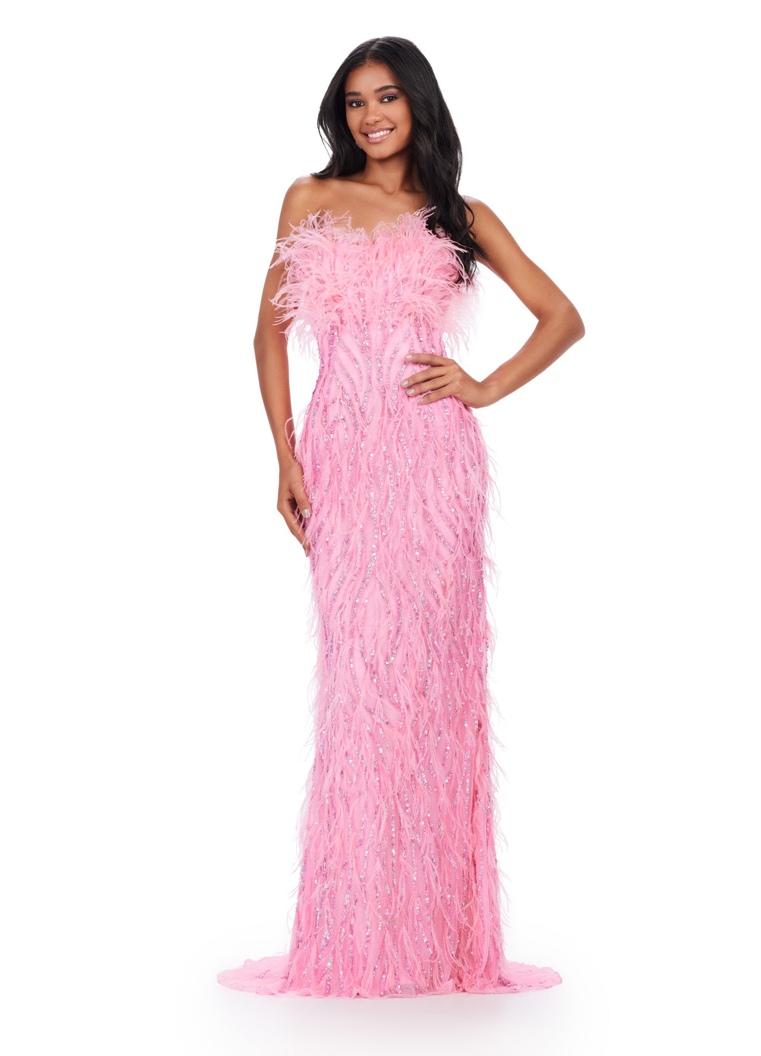ASHLEYlauren_11453 Pink strapless gown with white feather embellishments, sparkling beadwork, and a fitted silhouette that flows into a floor-length design.