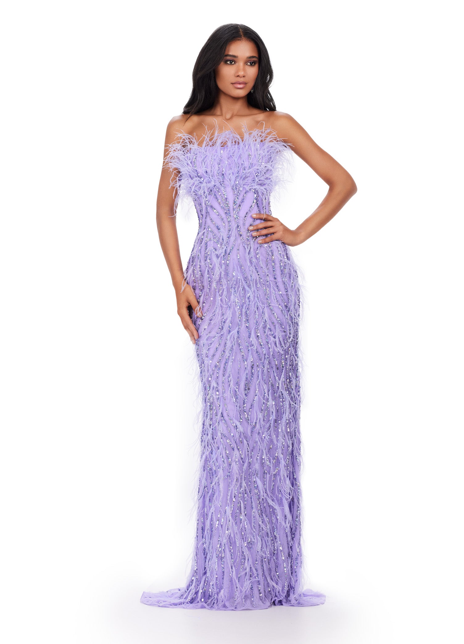 ASHLEYlauren_11453 Lilac strapless gown with white feather embellishments, sparkling beadwork, and a fitted silhouette that flows into a floor-length design.