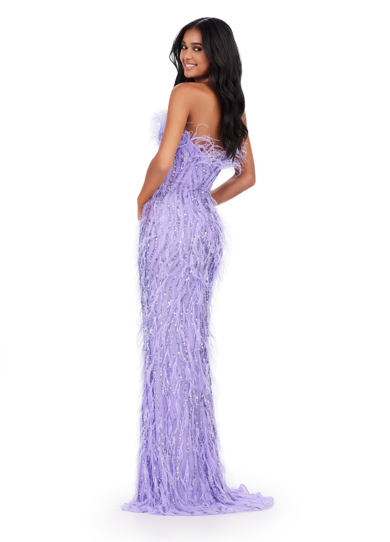 Back View - ASHLEYlauren_11453 Lilac strapless gown with white feather embellishments, sparkling beadwork, and a fitted silhouette that flows into a floor-length design.