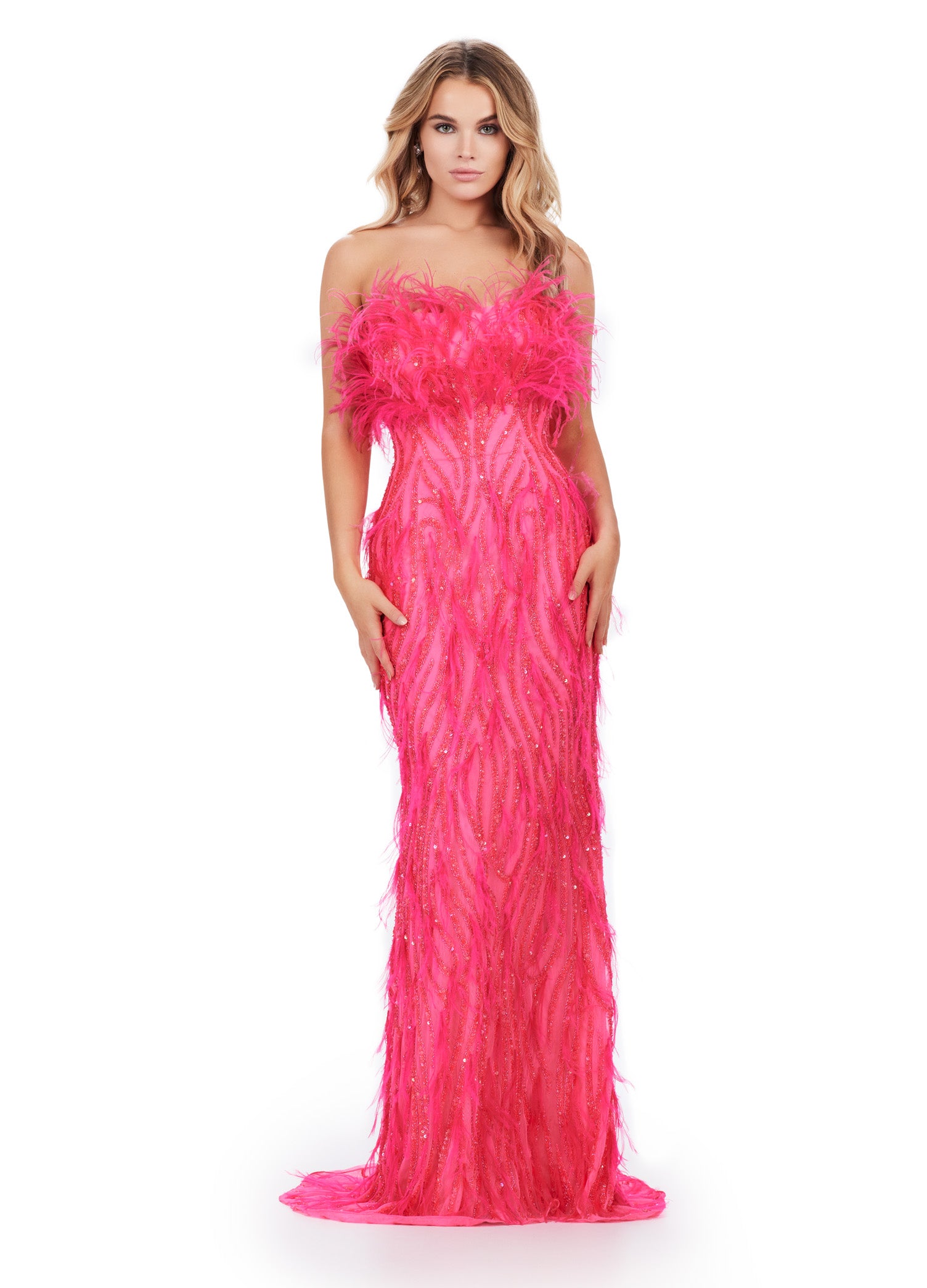 ASHLEYlauren_11453 Pink strapless gown with white feather embellishments, sparkling beadwork, and a fitted silhouette that flows into a floor-length design.
