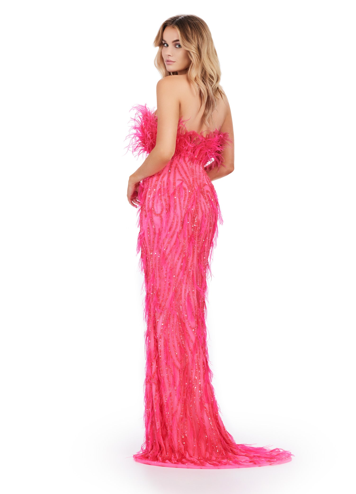 Back View - ASHLEYlauren_11453  Pink strapless gown with white feather embellishments, sparkling beadwork, and a fitted silhouette that flows into a floor-length design.