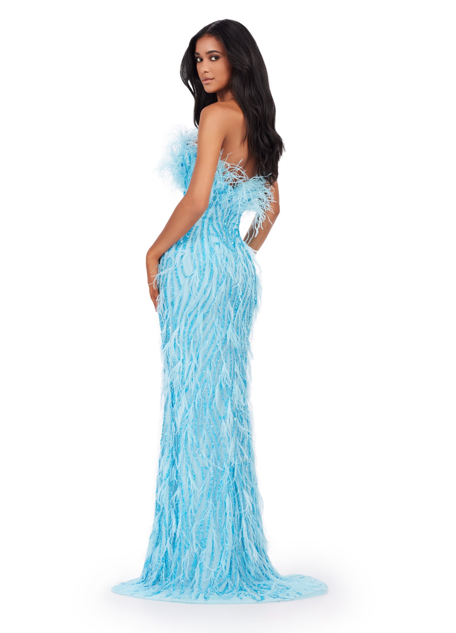 Back View - ASHLEYlauren_11453 Sky Blue strapless gown with white feather embellishments, sparkling beadwork, and a fitted silhouette that flows into a floor-length design.