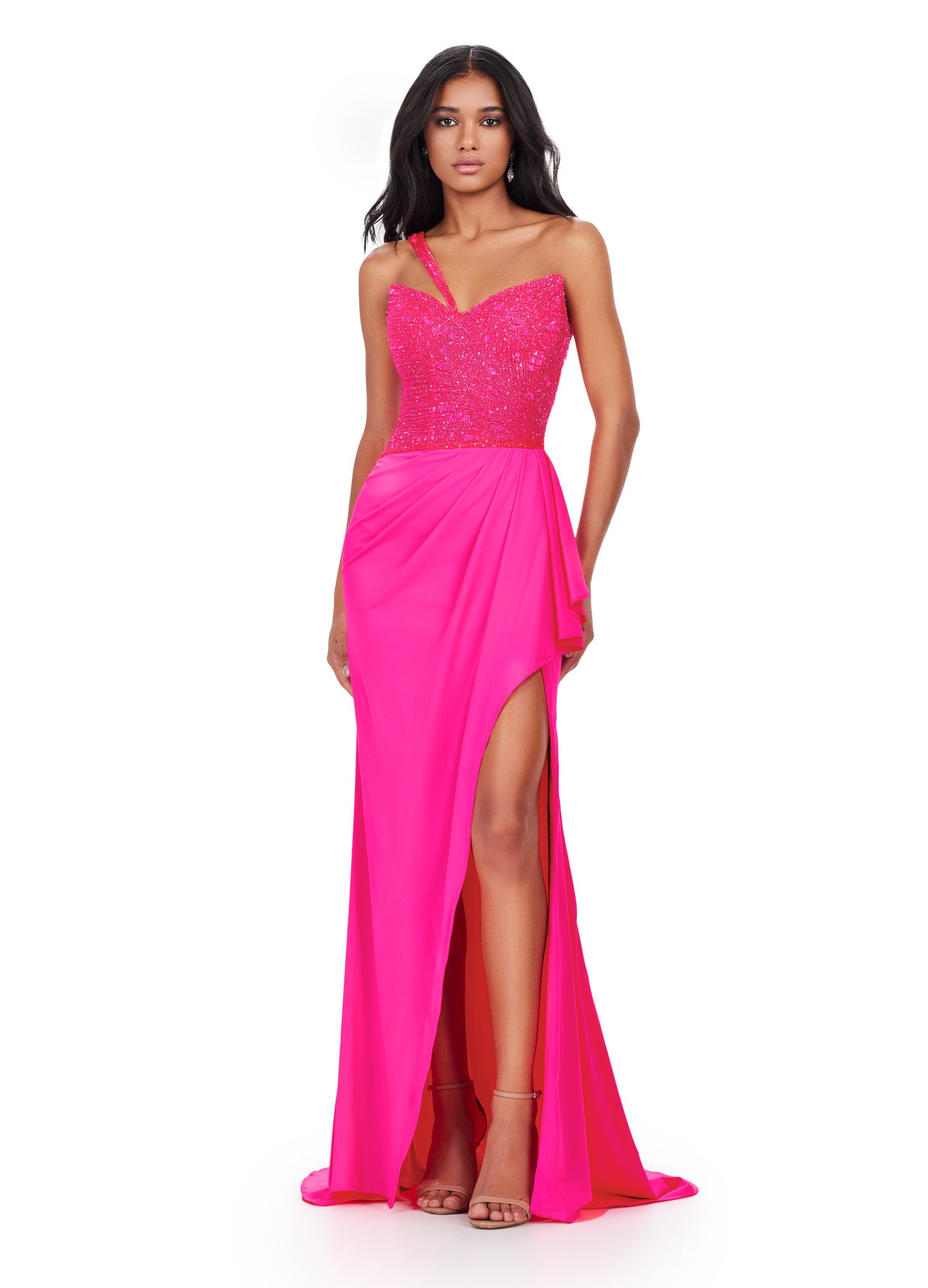 ASHLEYlauren_11454 Vibrant pink strapless gown with a sequinned bodice and high-slit skirt, ideal for luxury evening wear and formal occasions.