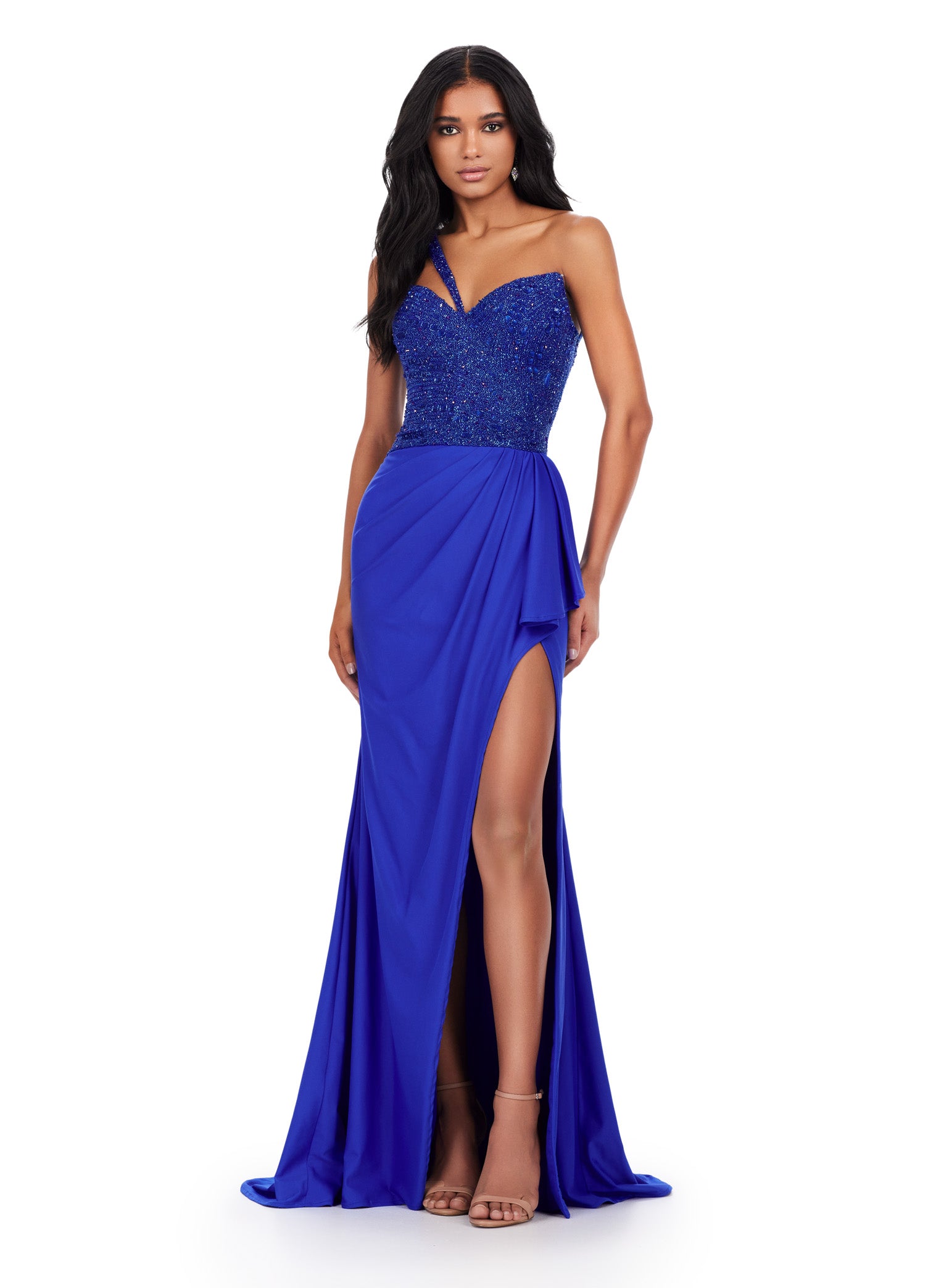 ASHLEYlauren_11454 Vibrant Cobalt strapless gown with a sequinned bodice and high-slit skirt, ideal for luxury evening wear and formal occasions.