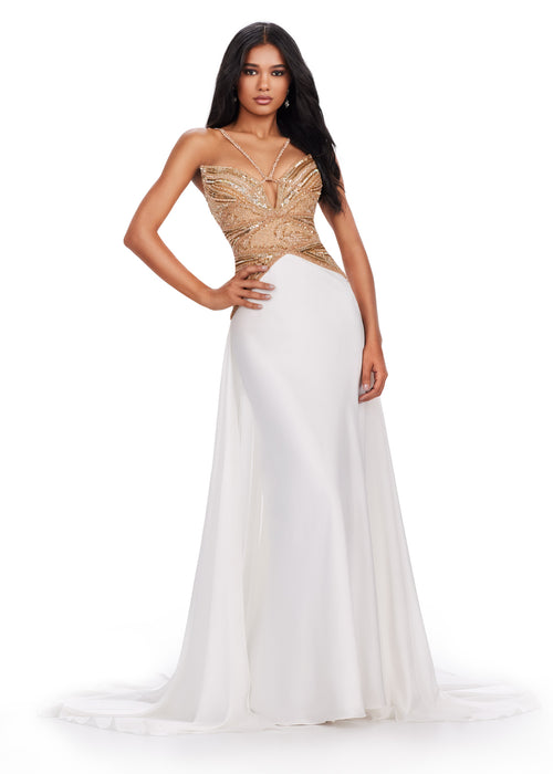 Dakota Gown | Ivory Charmeuse Evening Gown with Fully Beaded Bodice and Dramatic Overskirt for a Regal Silhouette, Perfect for Galas, Weddings and High Profile Events