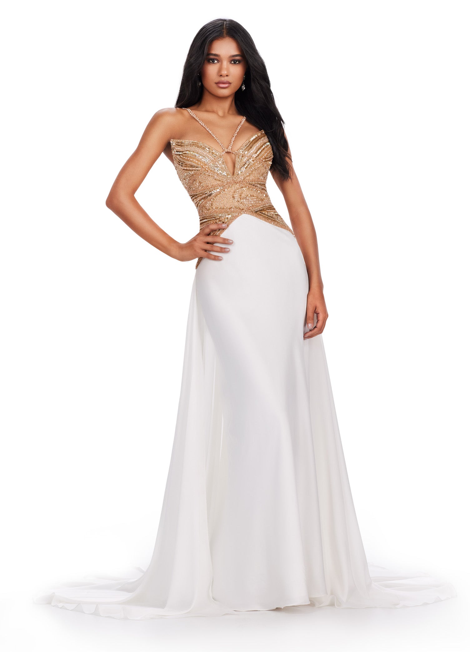 ASHLEYlauren_11455 Elegant evening gown featuring a fitted, gold-embellished bodice with a keyhole detail, paired with a flowing white skirt that adds a touch of sophistication and grace.
