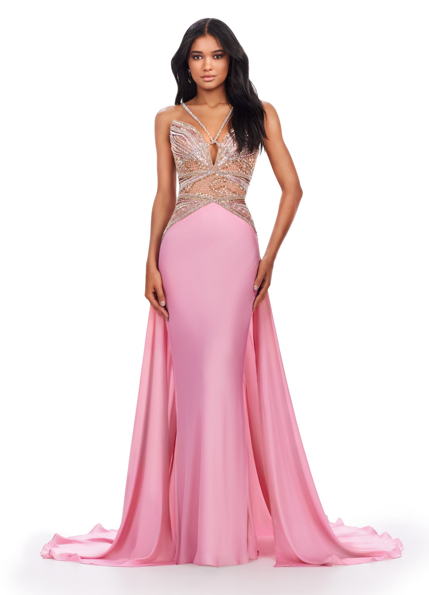 ASHLEYlauren_11455 Elegant evening gown featuring a fitted, gold-embellished bodice with a keyhole detail, paired with a flowing pink skirt that adds a touch of sophistication and grace.